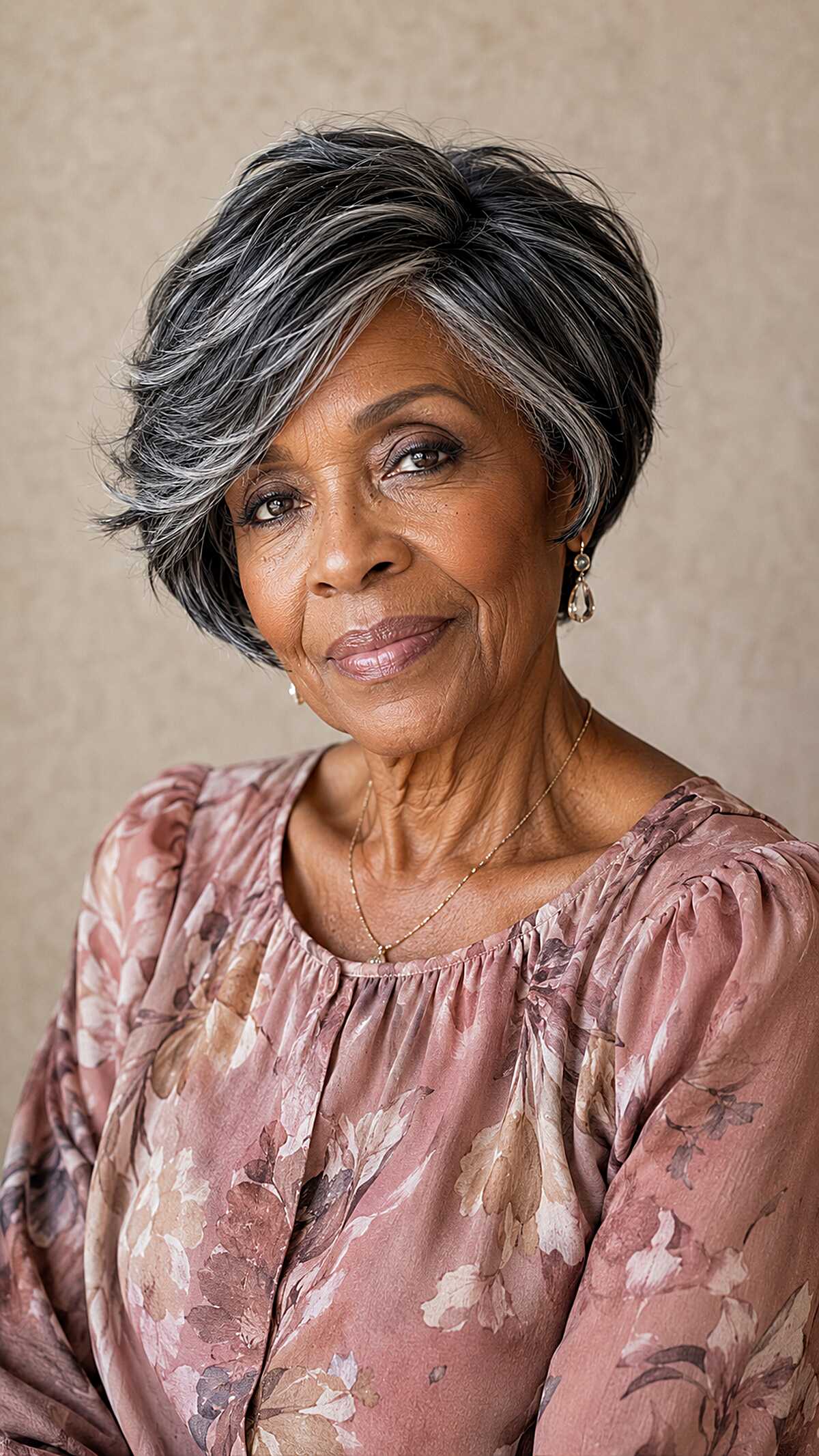Short wispy silver pixie sew-in with swept fringe