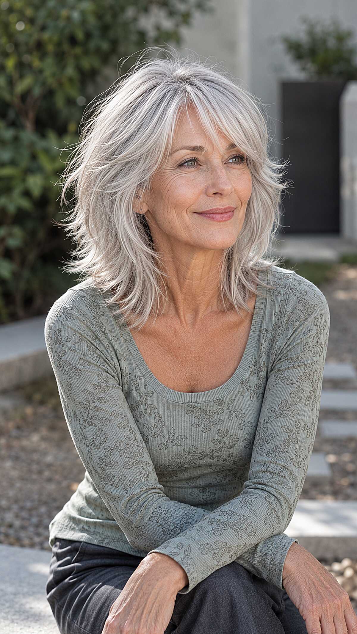 Airy silver white medium shag with soft wispy fringe
