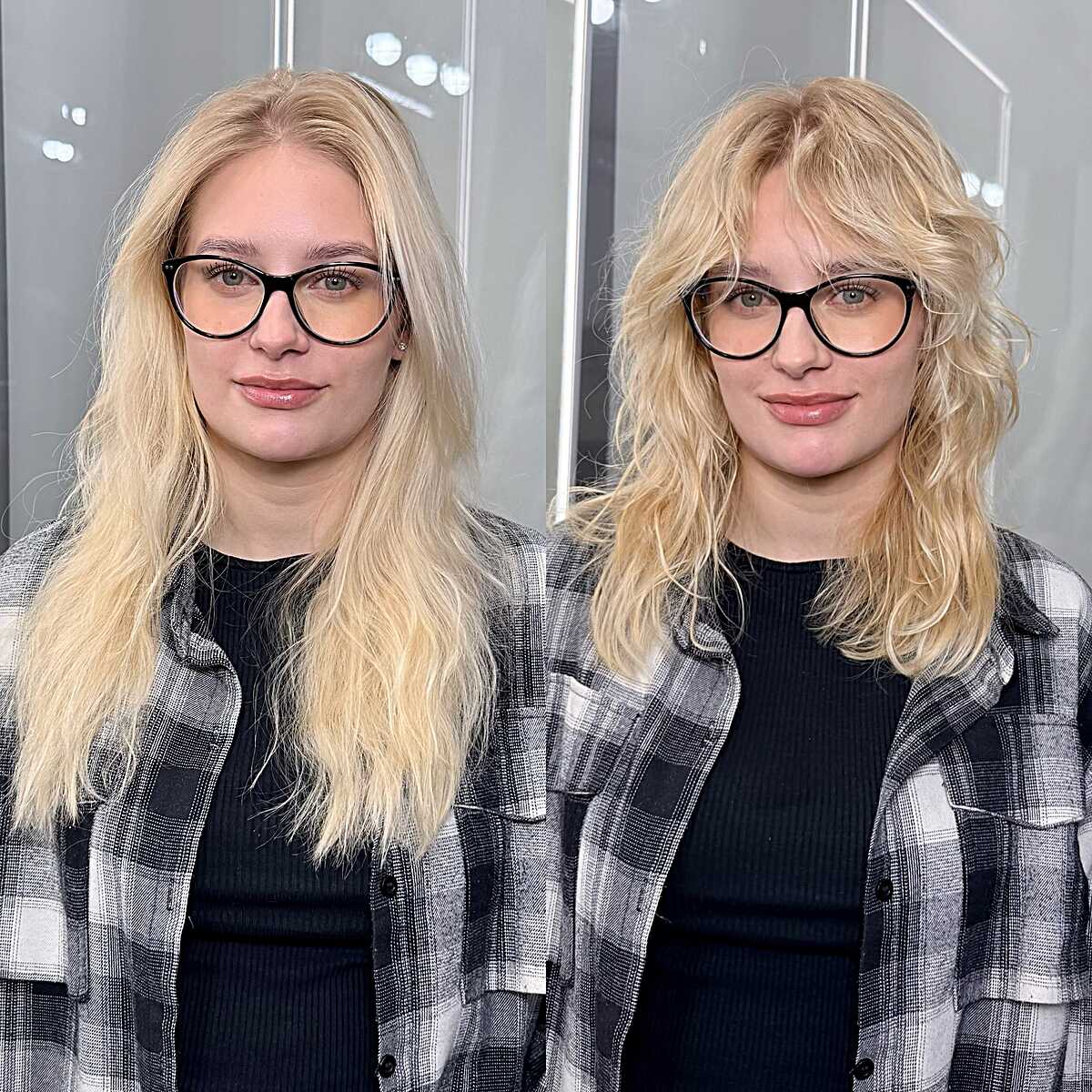 Before and after blonde wavy mid length shag with bangs