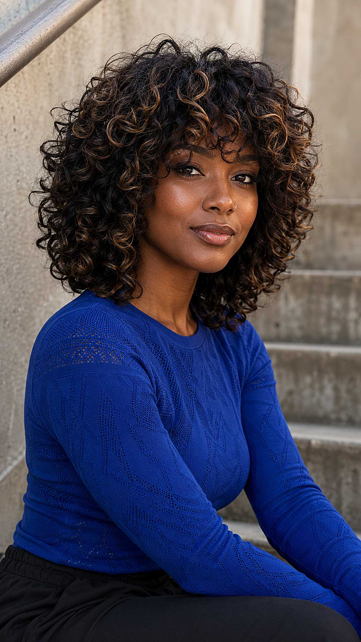 Medium curly shag with caramel highlights on dark hair