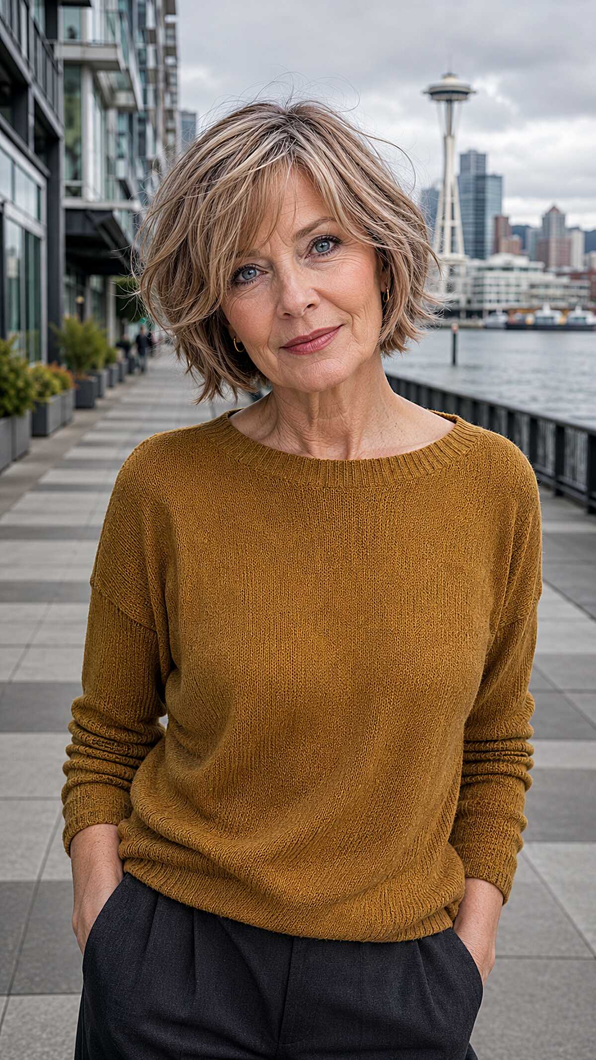 Choppy textured bob with sandy blonde highlights