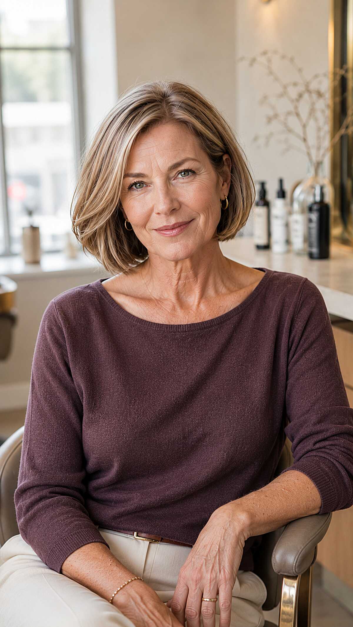 Classic chin-length bob with buttery highlights around the face