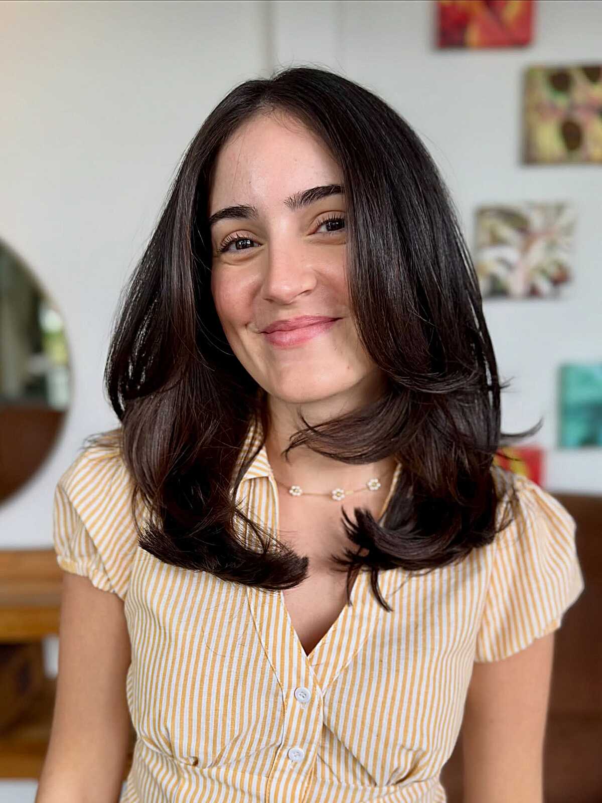 Classic dark mid length with curled-under ends
