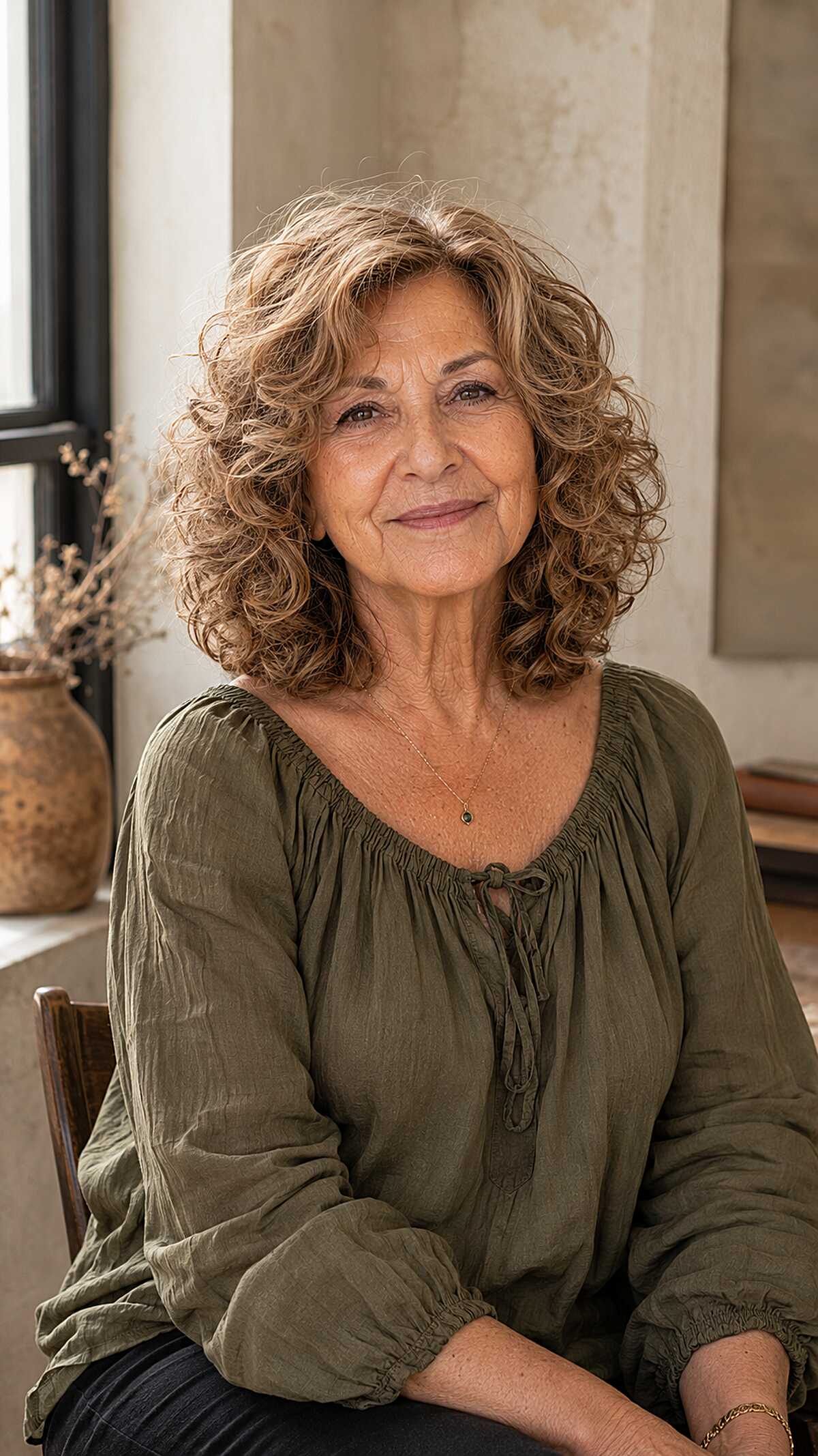 Curly medium-length light brown hair with caramel highlights