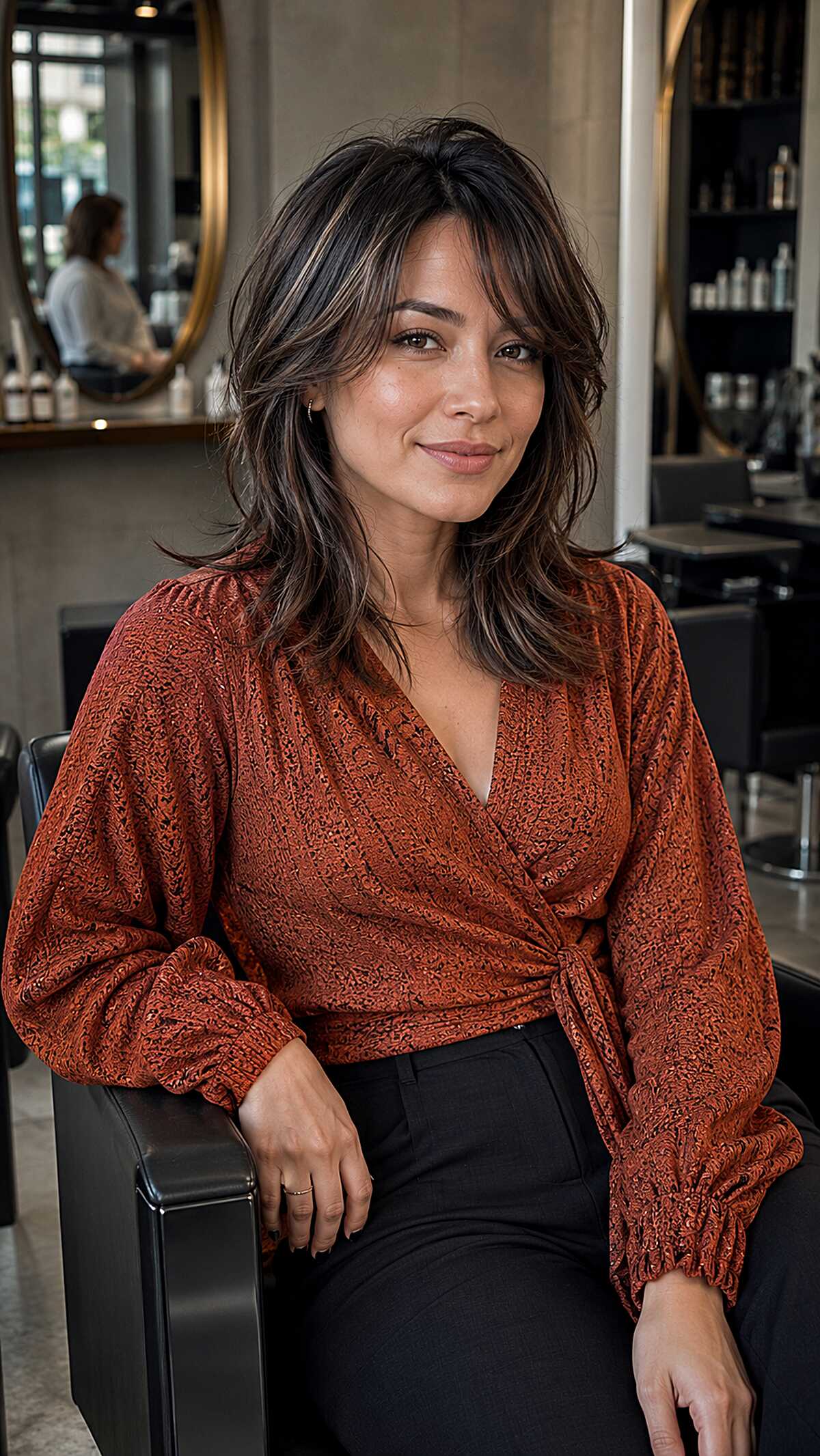 Dark wavy medium shag with wispy fringe and highlights