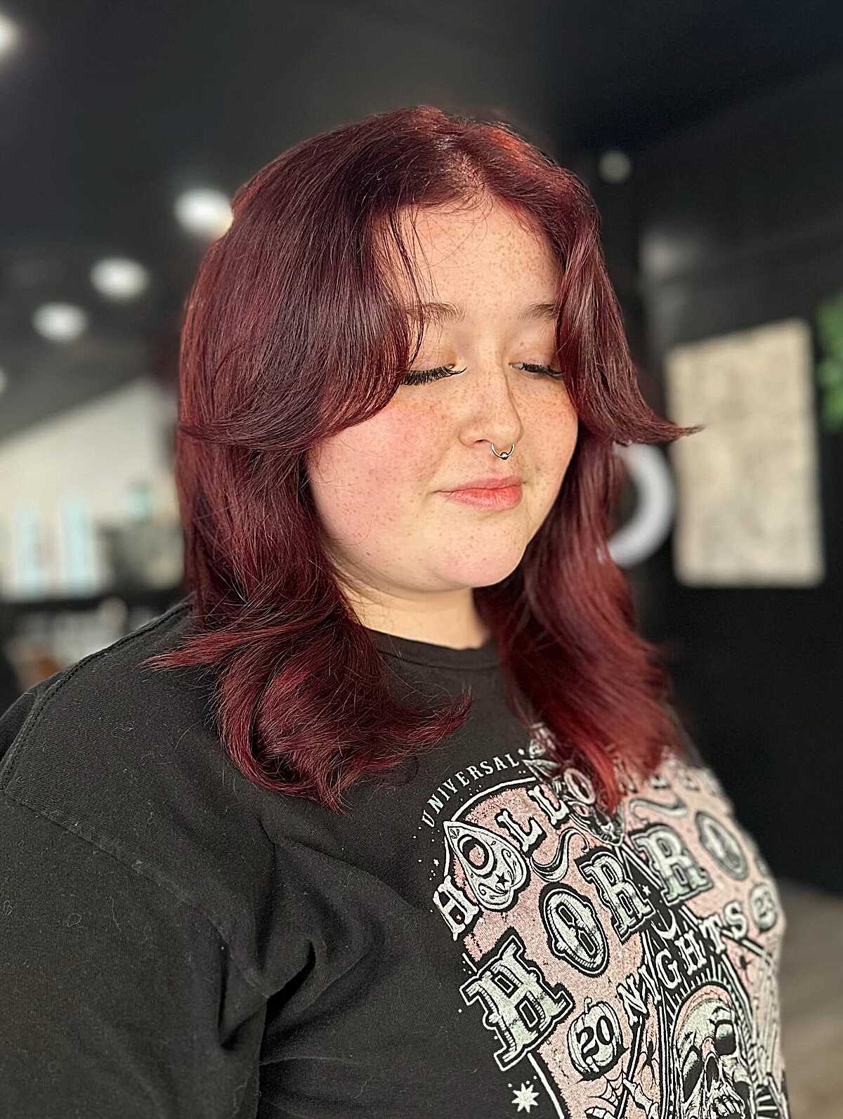 Deep cherry red mid length waves with swooped side part