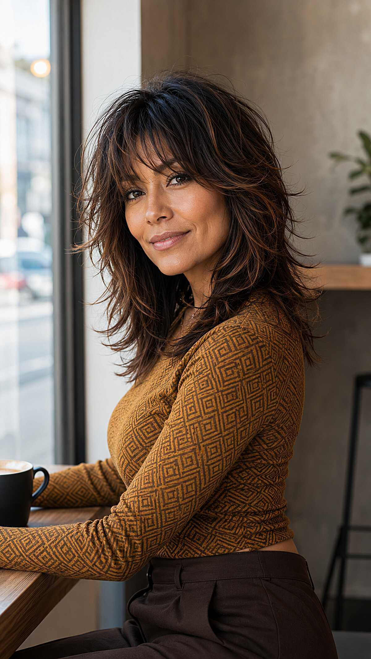 Dark espresso medium shag with long swooping layered bangs