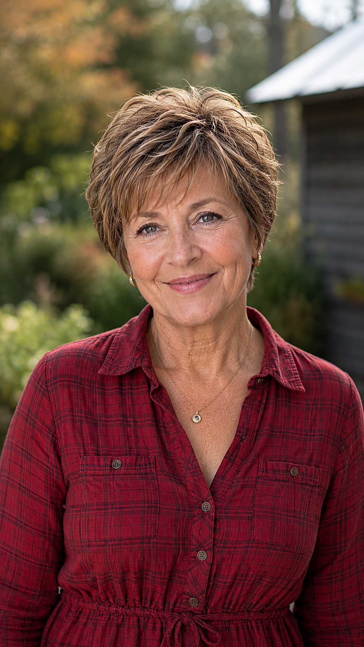 Feathered pixie cut with golden highlights on light brown