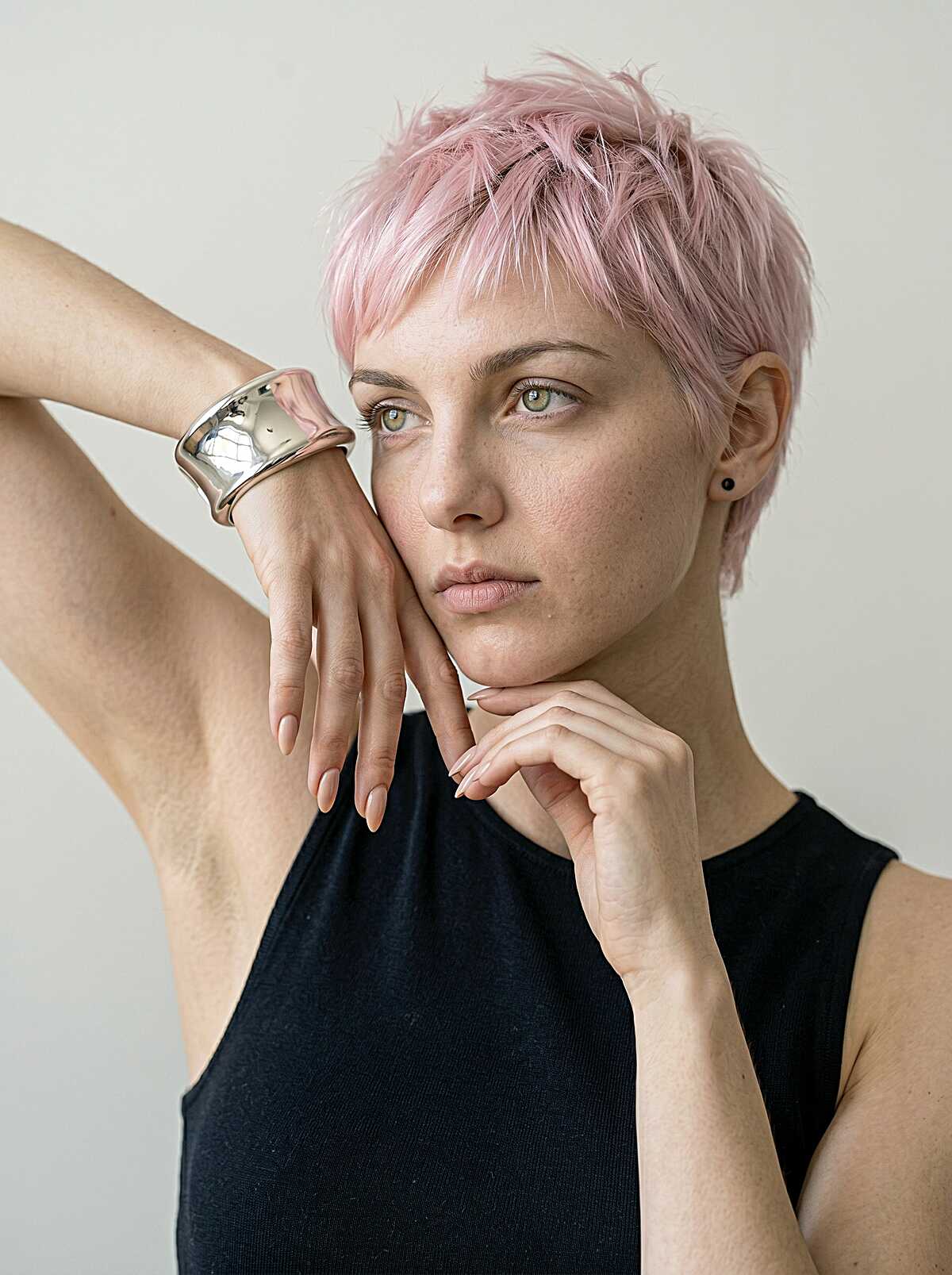 Feathery pastel pink cropped pixie with spiky texture
