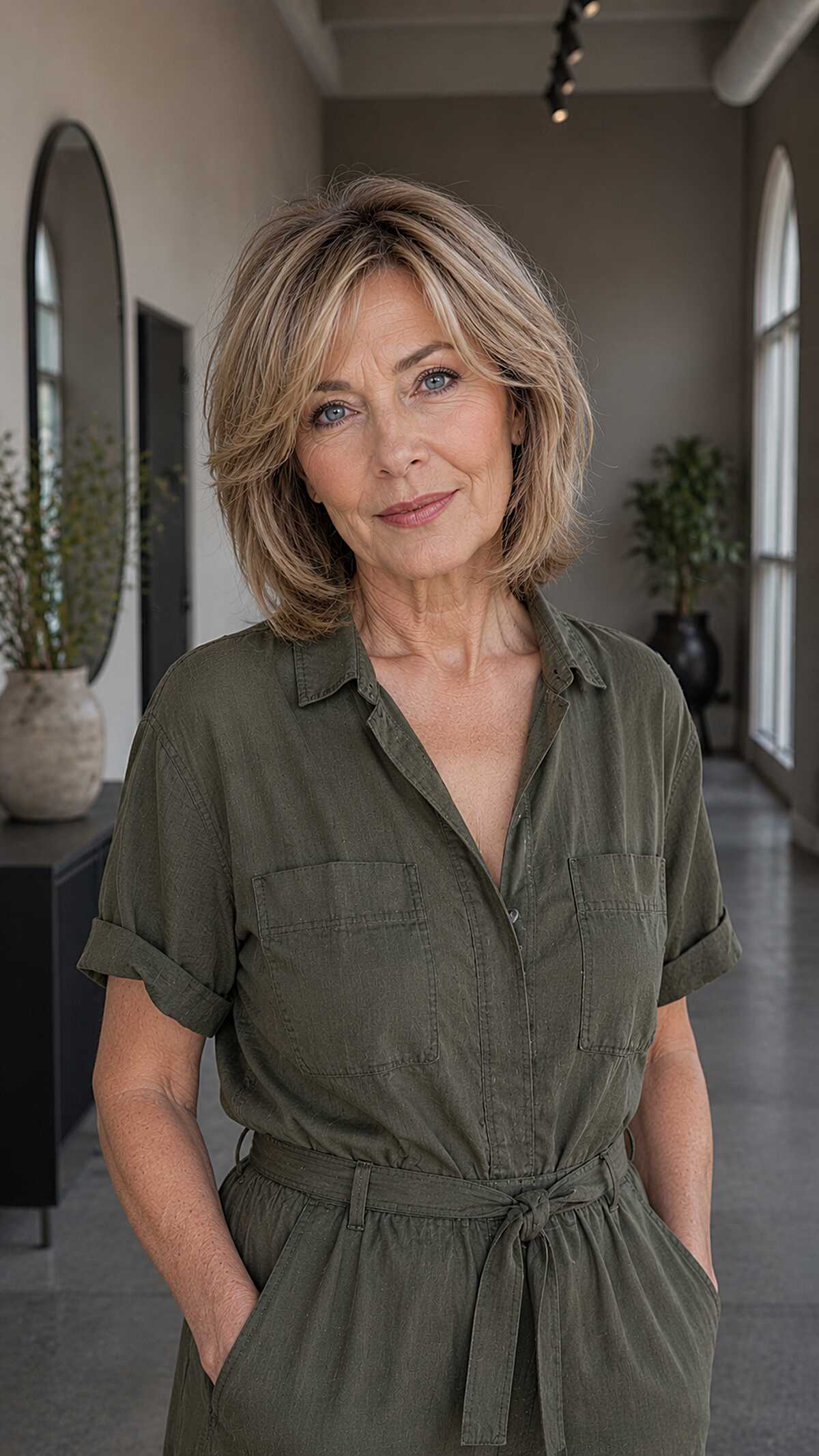 Side-parted layered bob with blonde highlights on brown hair