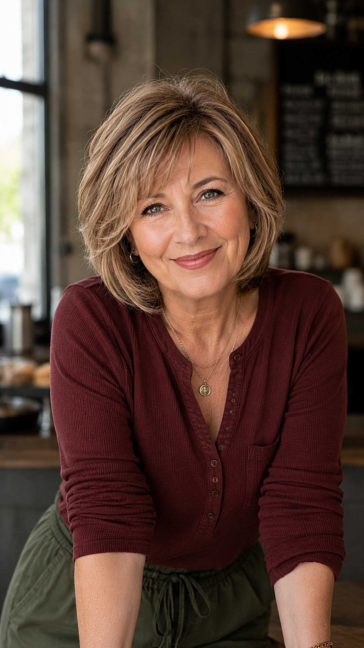 Chin-length layered bob with multi-tonal warm highlights