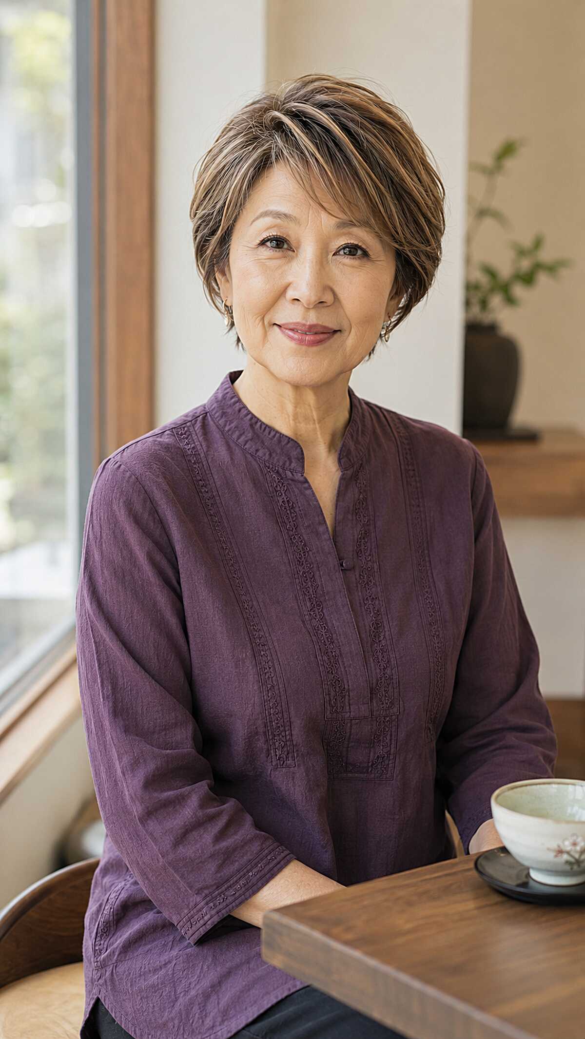 Short layered pixie with caramel highlights on brown hair