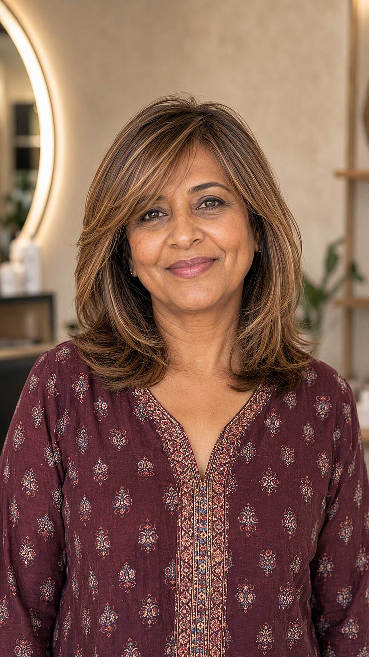 Medium layered light brown hair with caramel balayage