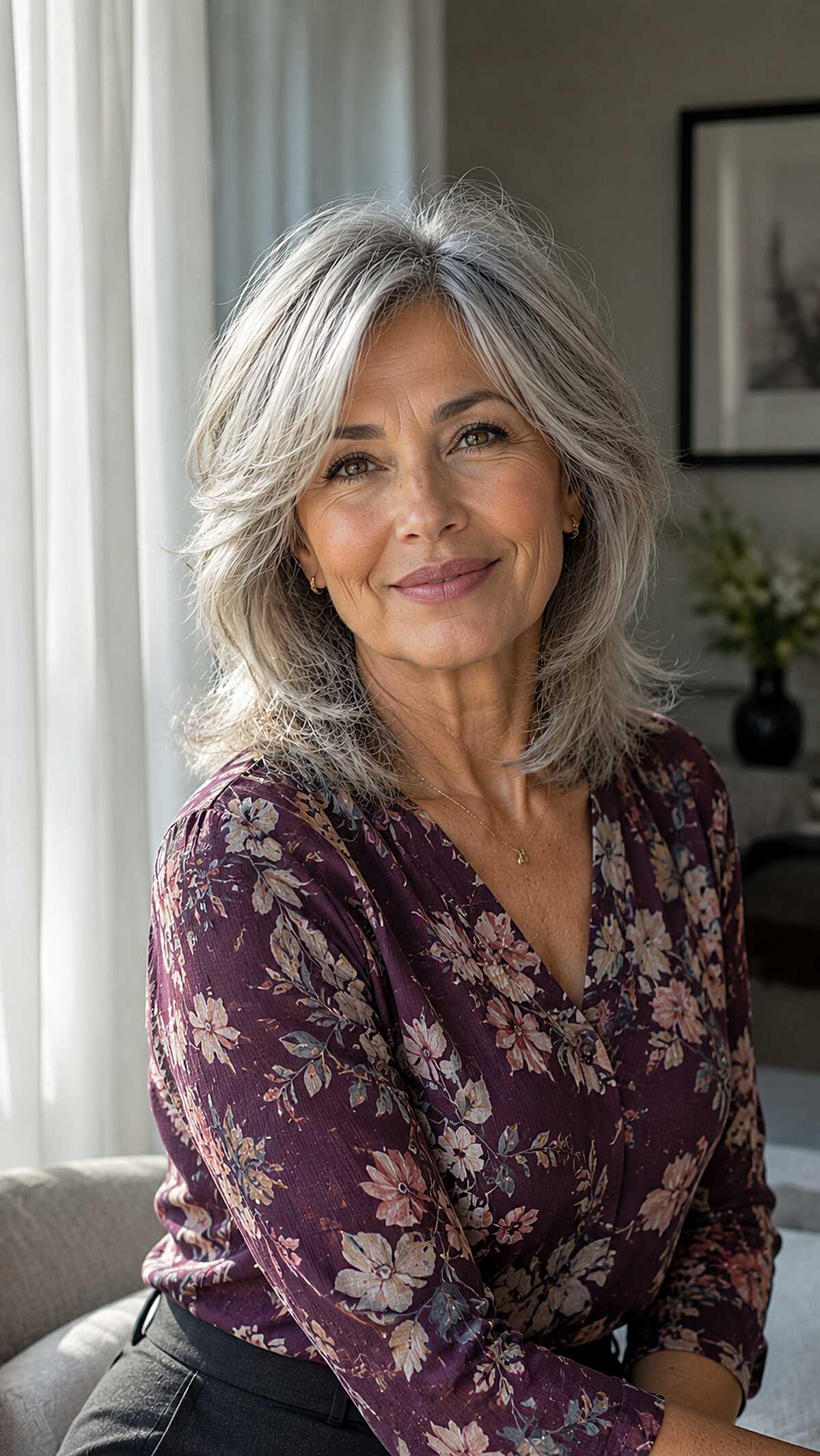 Natural silver gray medium shag with soft flicked layers