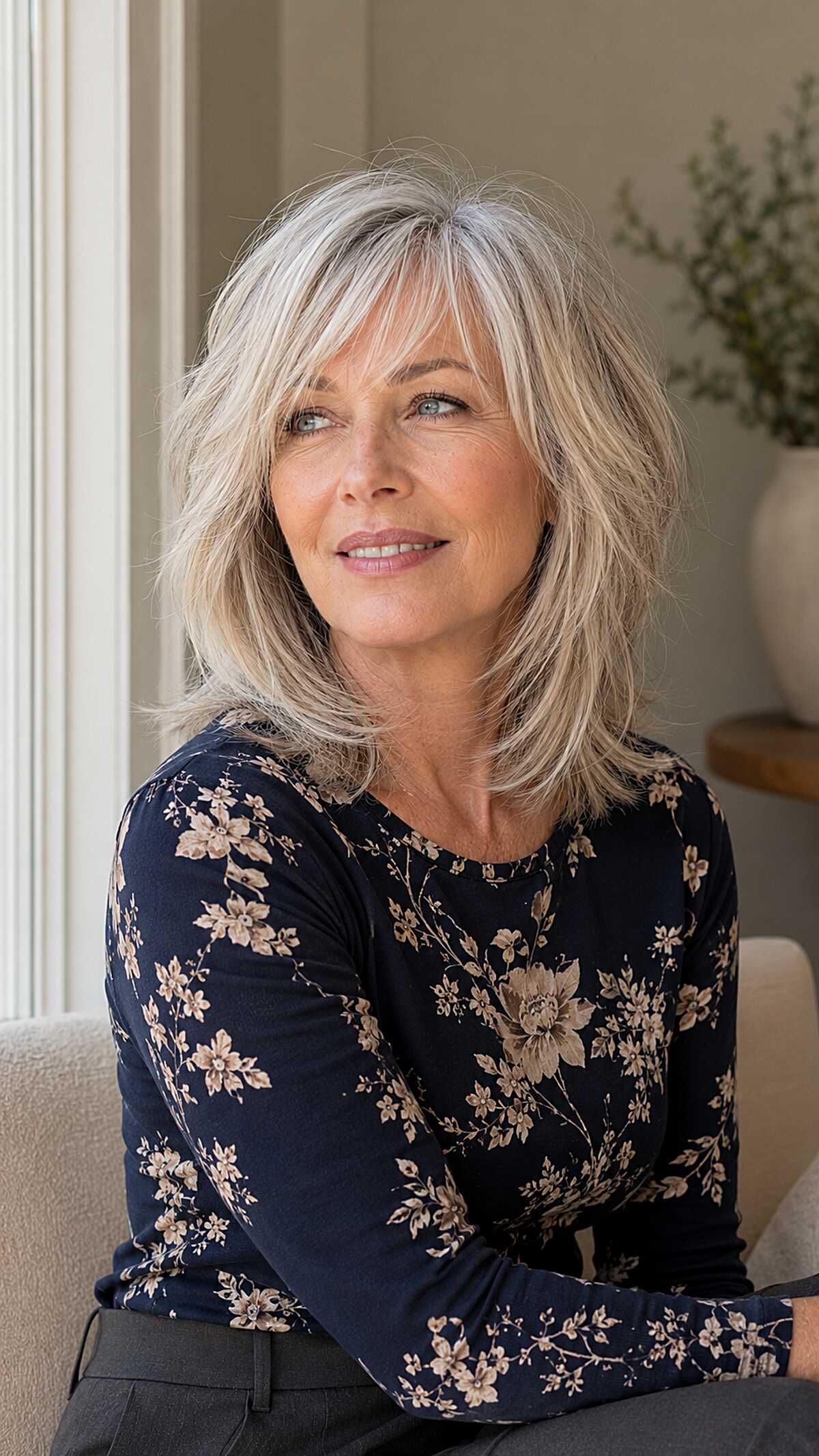 Platinum blonde medium shag with soft curtain fringe