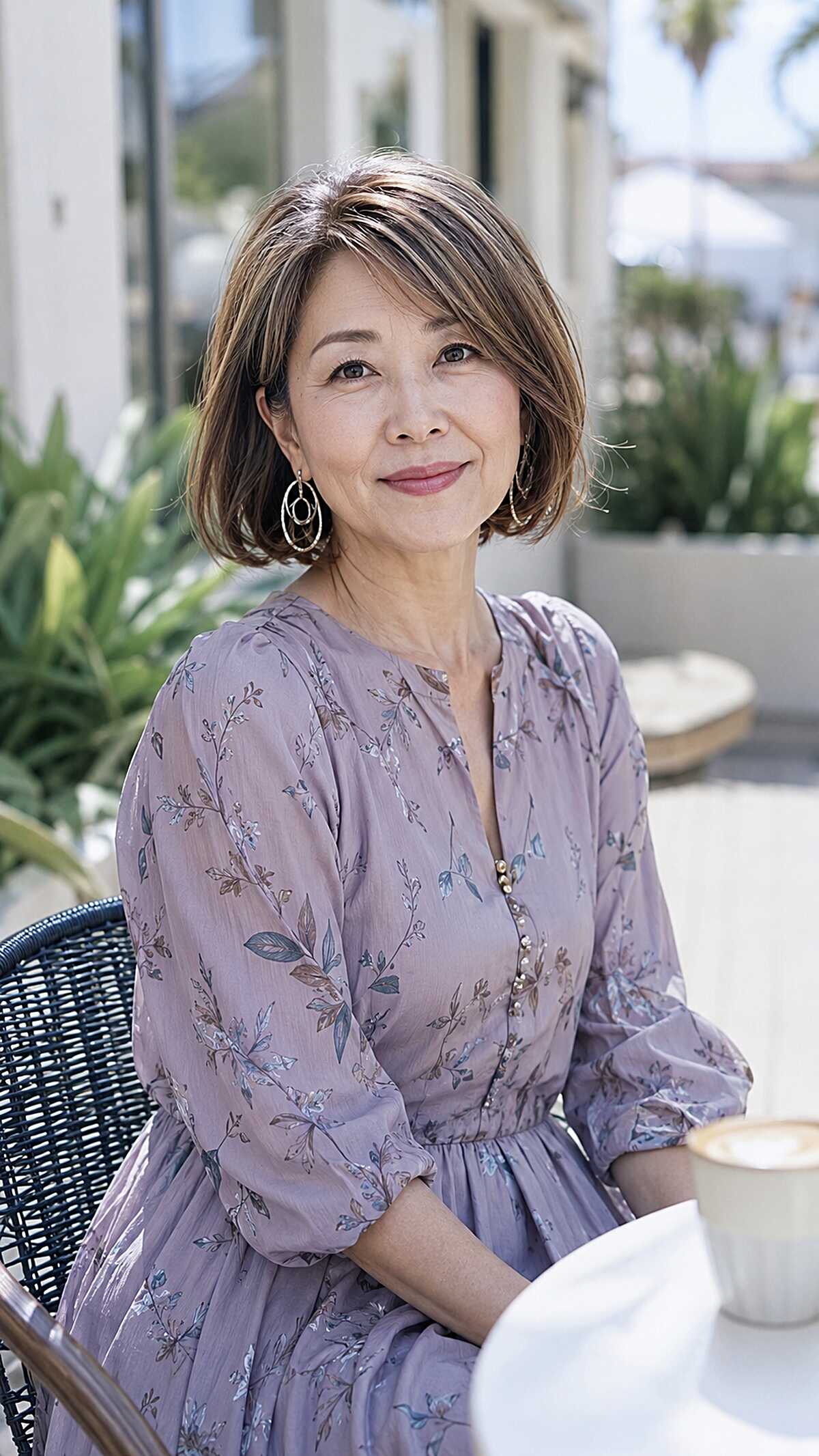 Chin-length bob with honey highlights on light brown hair
