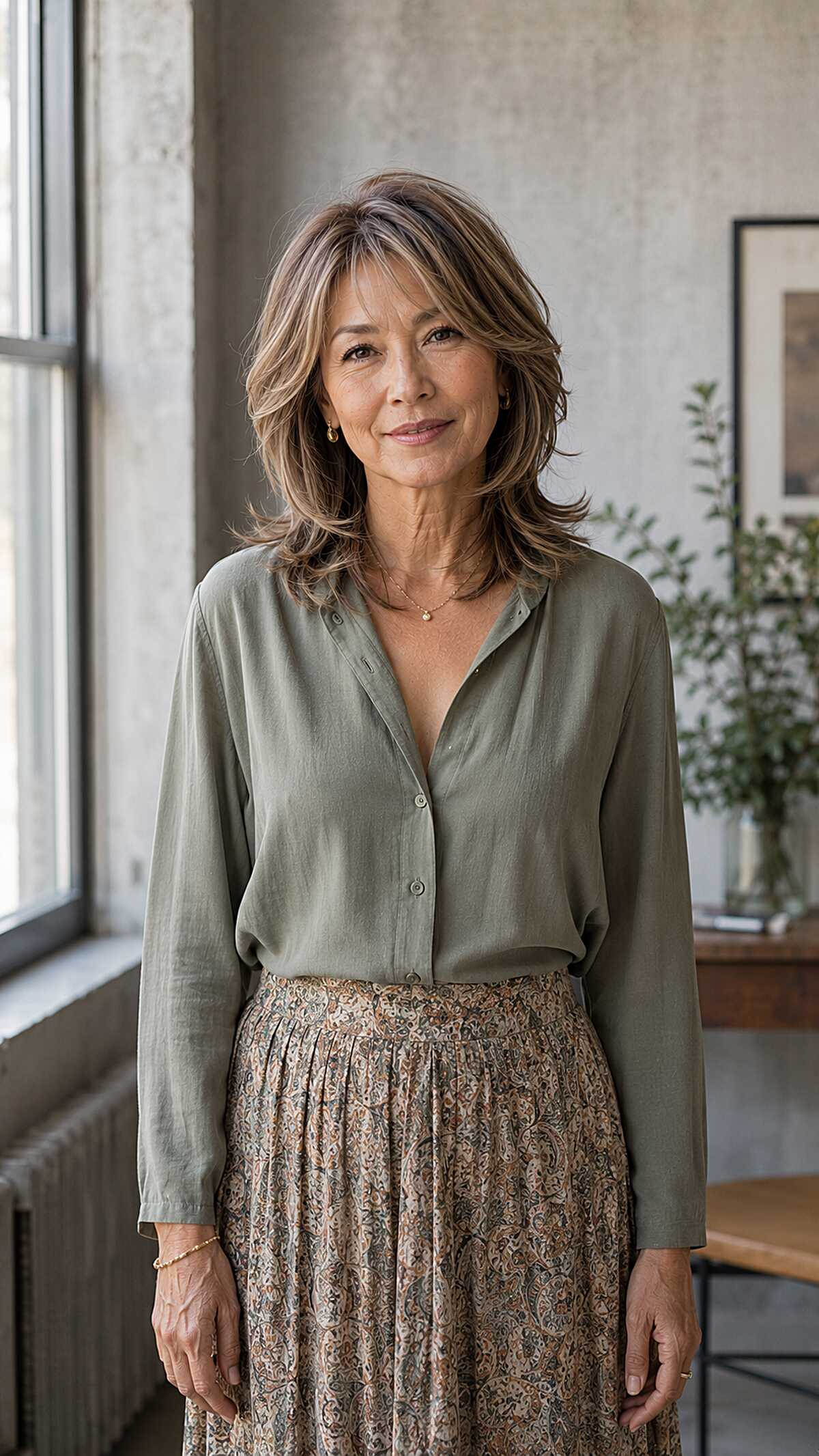 Shoulder-length layered cut with honey highlights and bangs