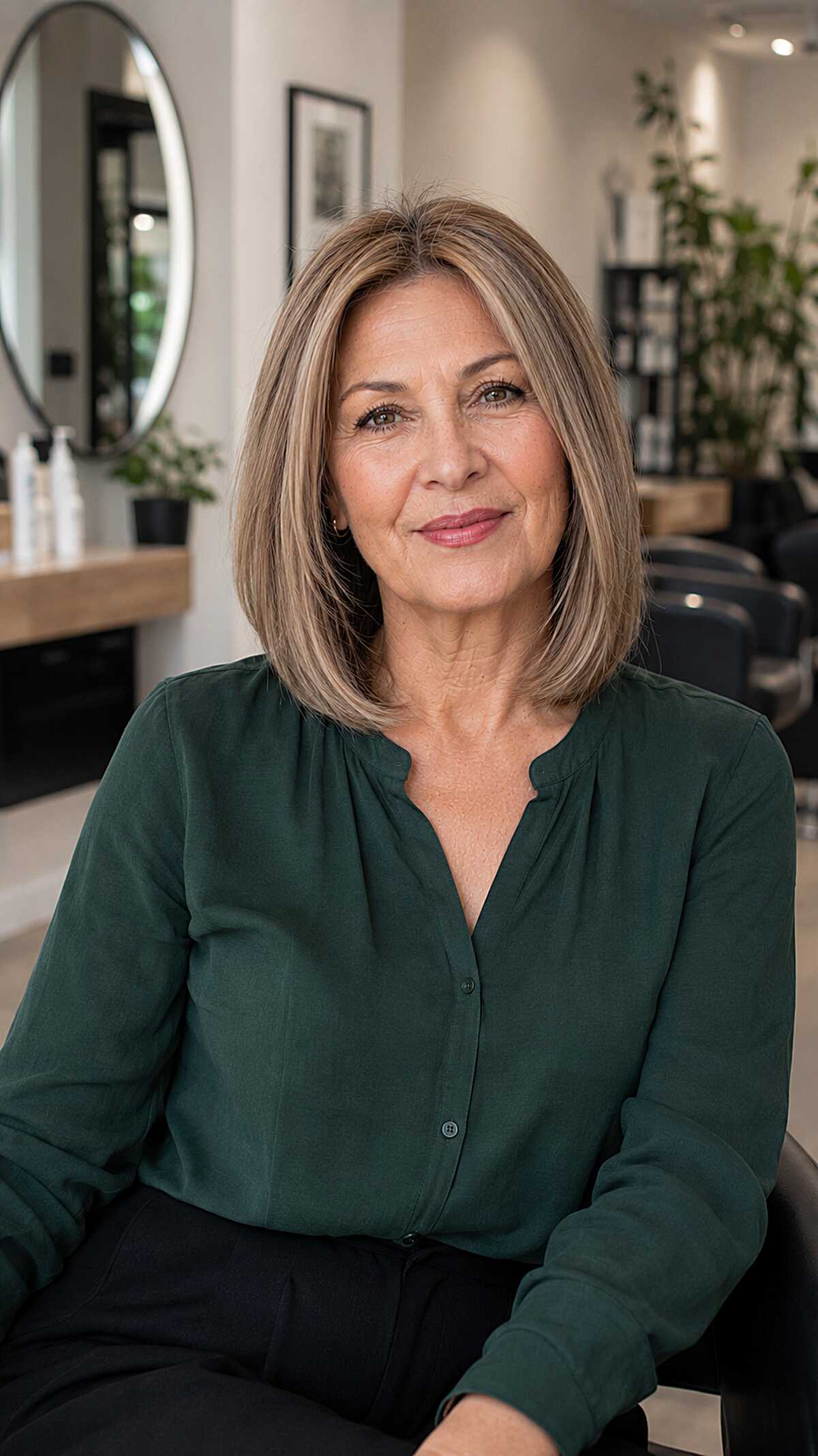 Sleek collarbone-length lob with cool-toned highlights