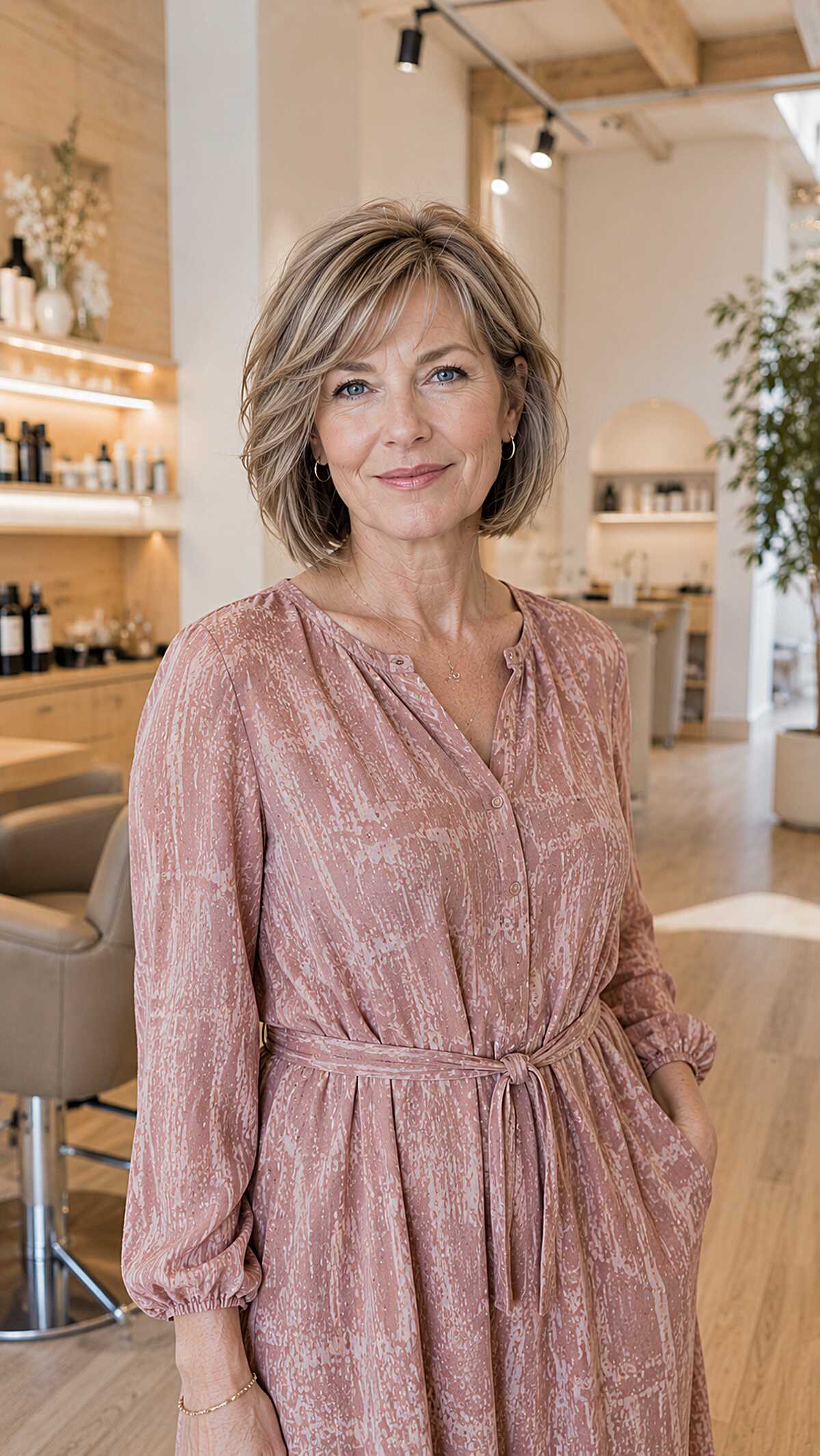 Layered bob with warm blonde highlights and side-swept bangs