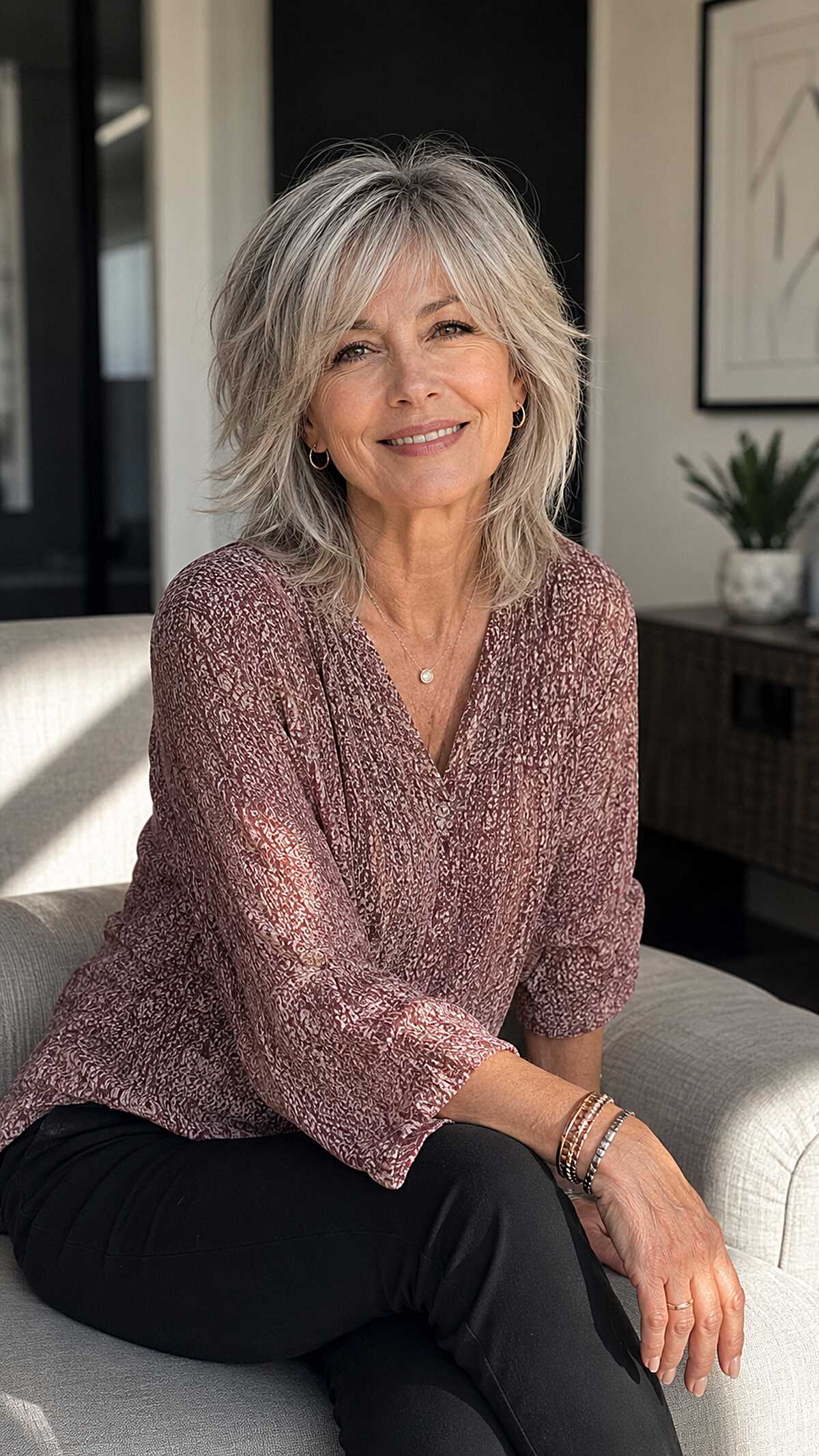 Soft silver medium shag with flipped ends and wispy fringe