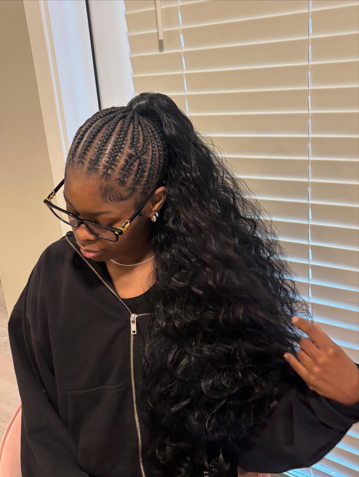 Stitch Braids Leading into Long Curly Ponytail