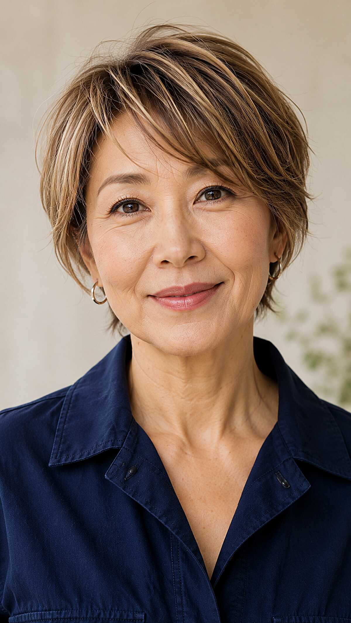 Short textured pixie with blonde highlights on light brown