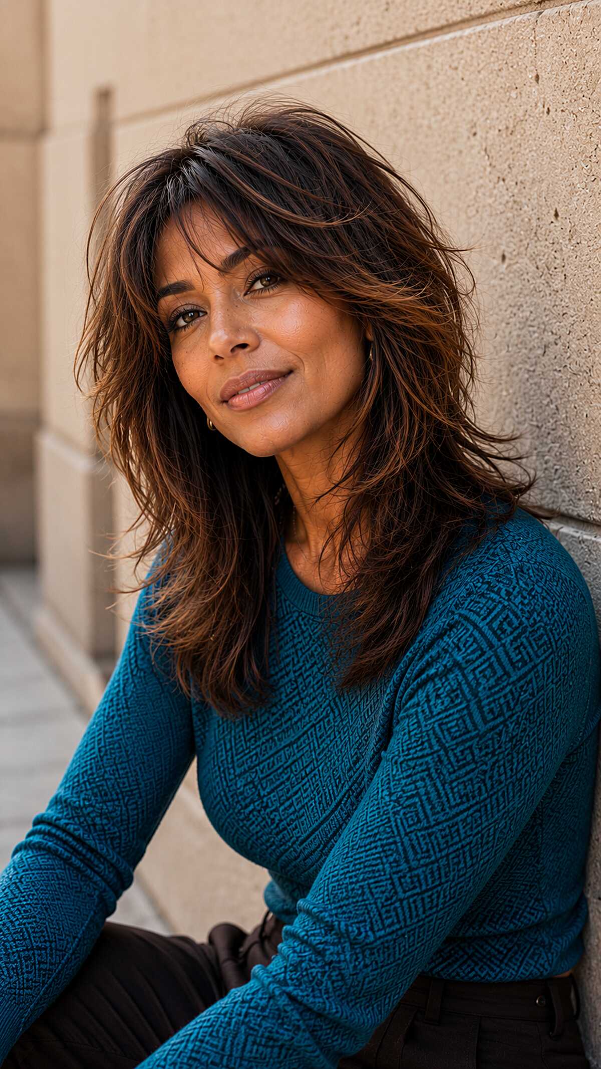 Tousled dark brunette medium shag with wispy bangs