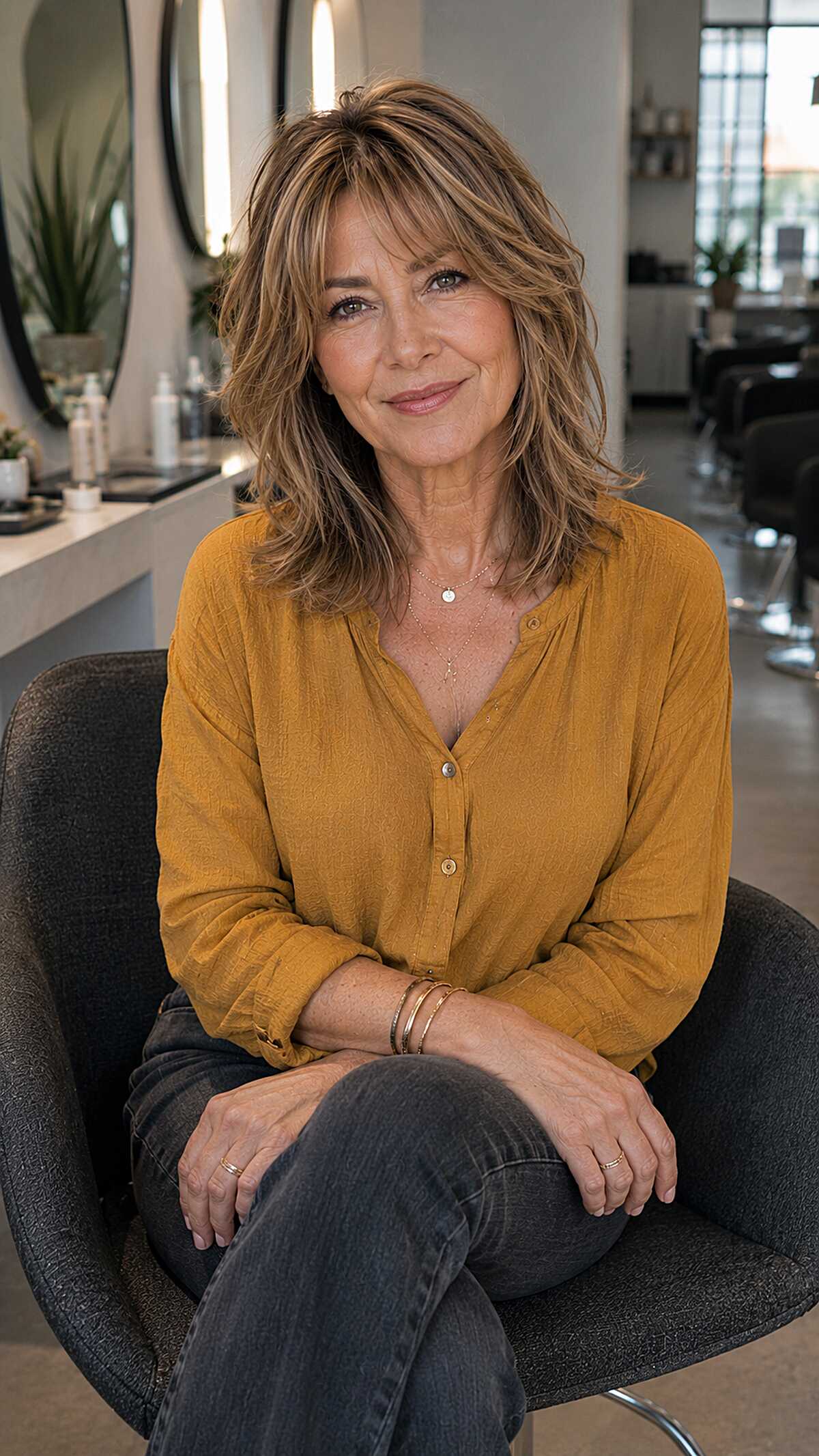 Tousled medium shag with honey balayage on light brown hair