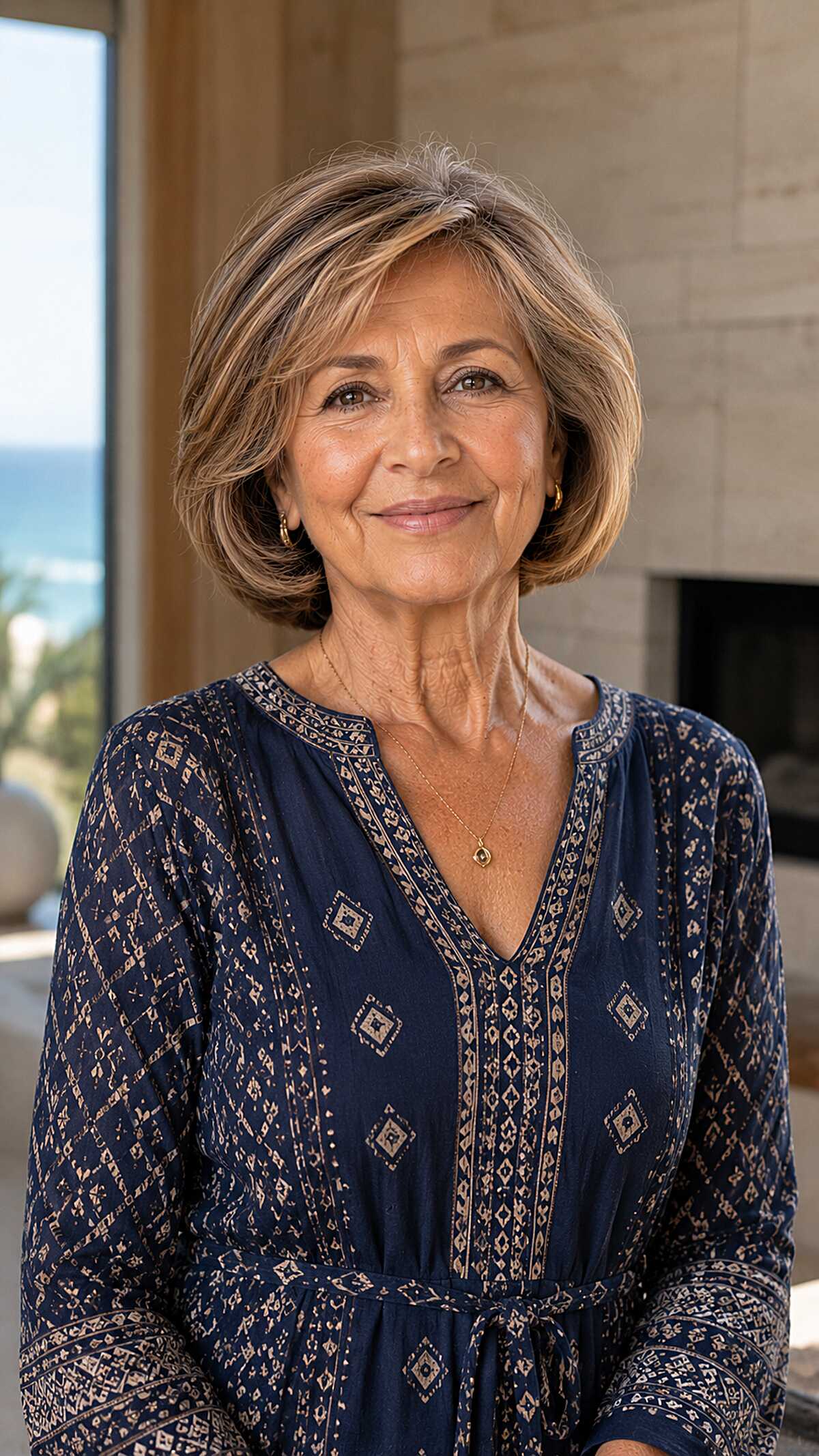 Rounded voluminous bob with honey highlights on light brown