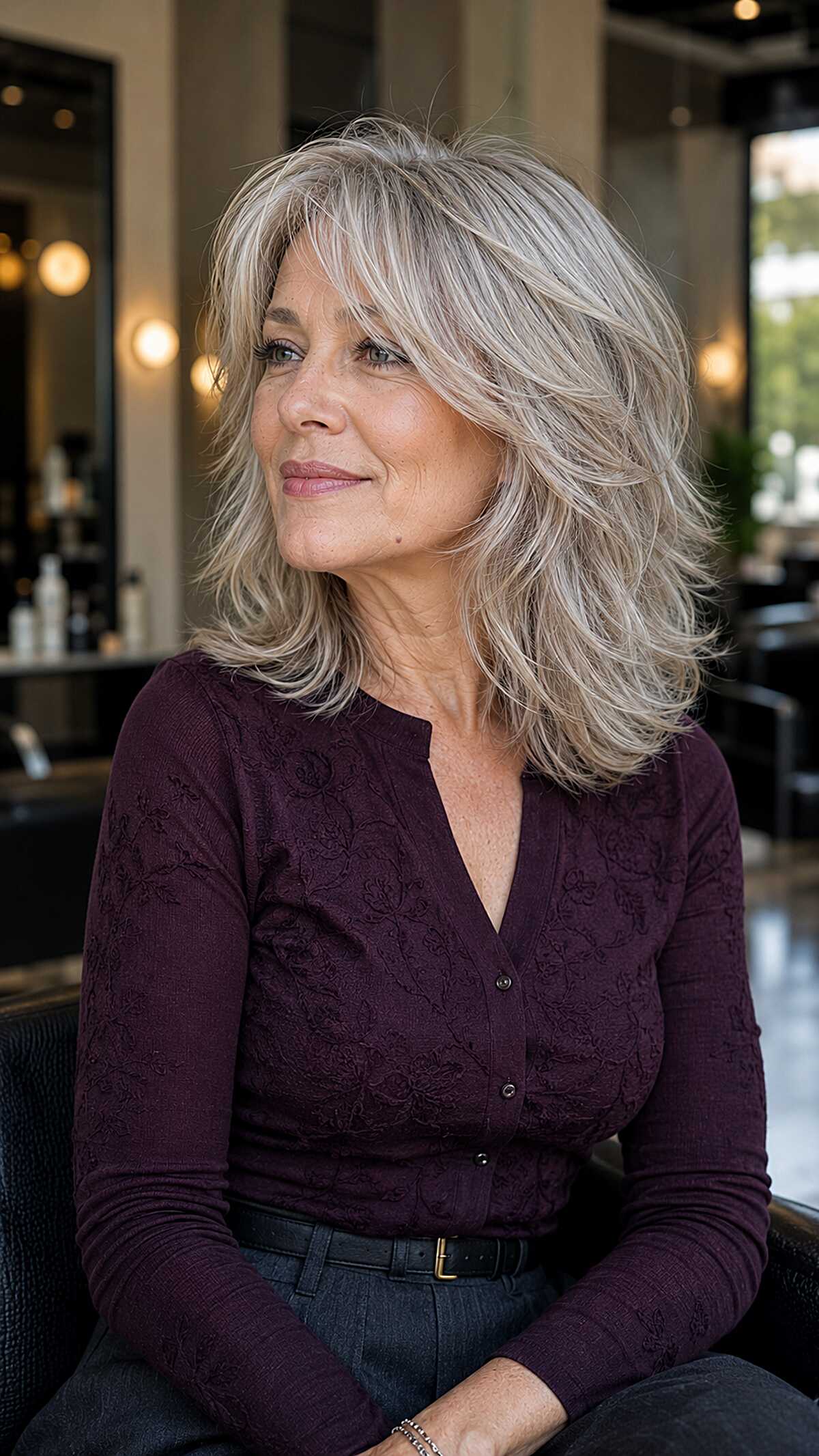 Voluminous silver shaggy layers with flipped feathered ends