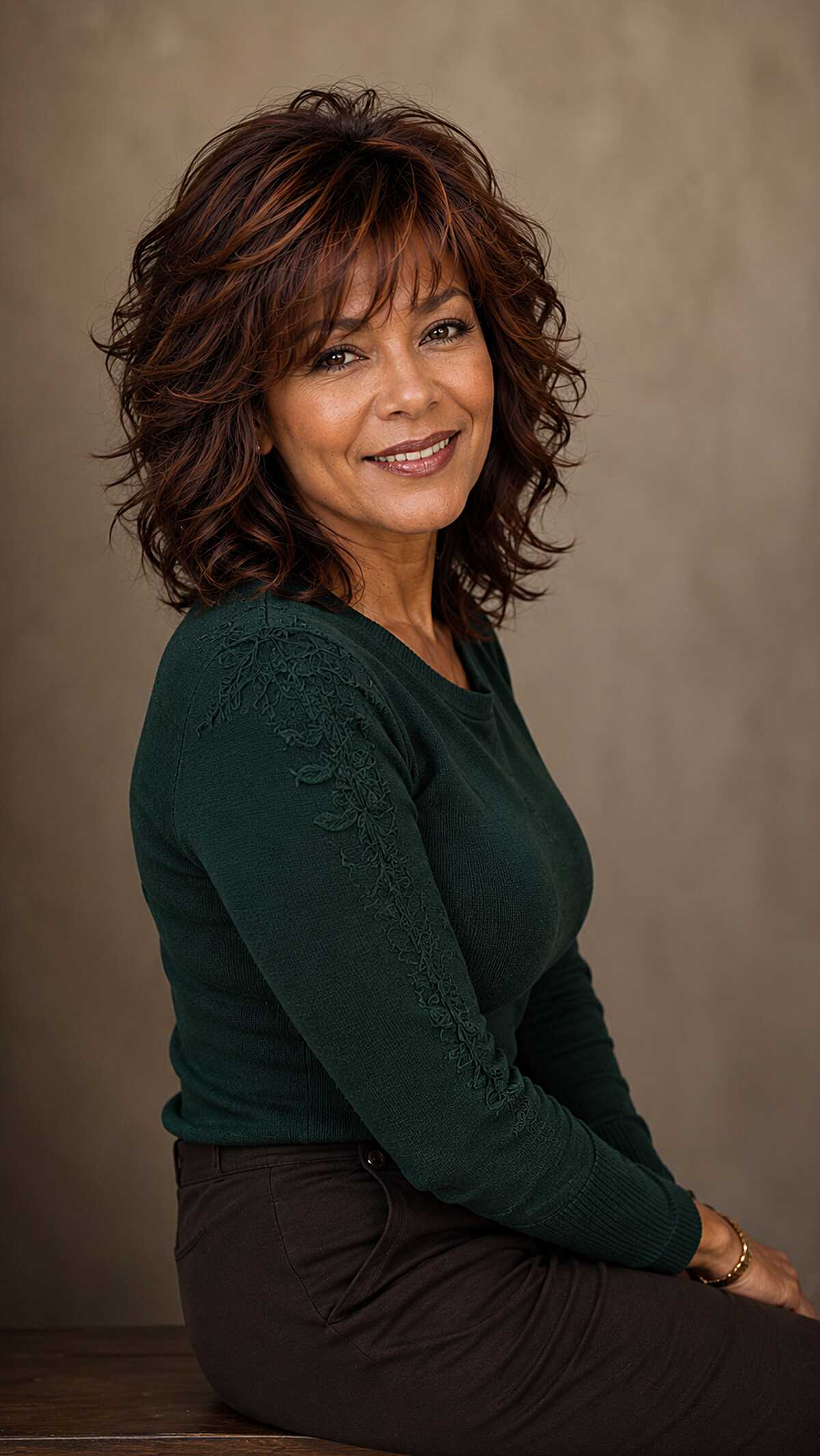 Warm auburn wavy medium shag with wispy bangs