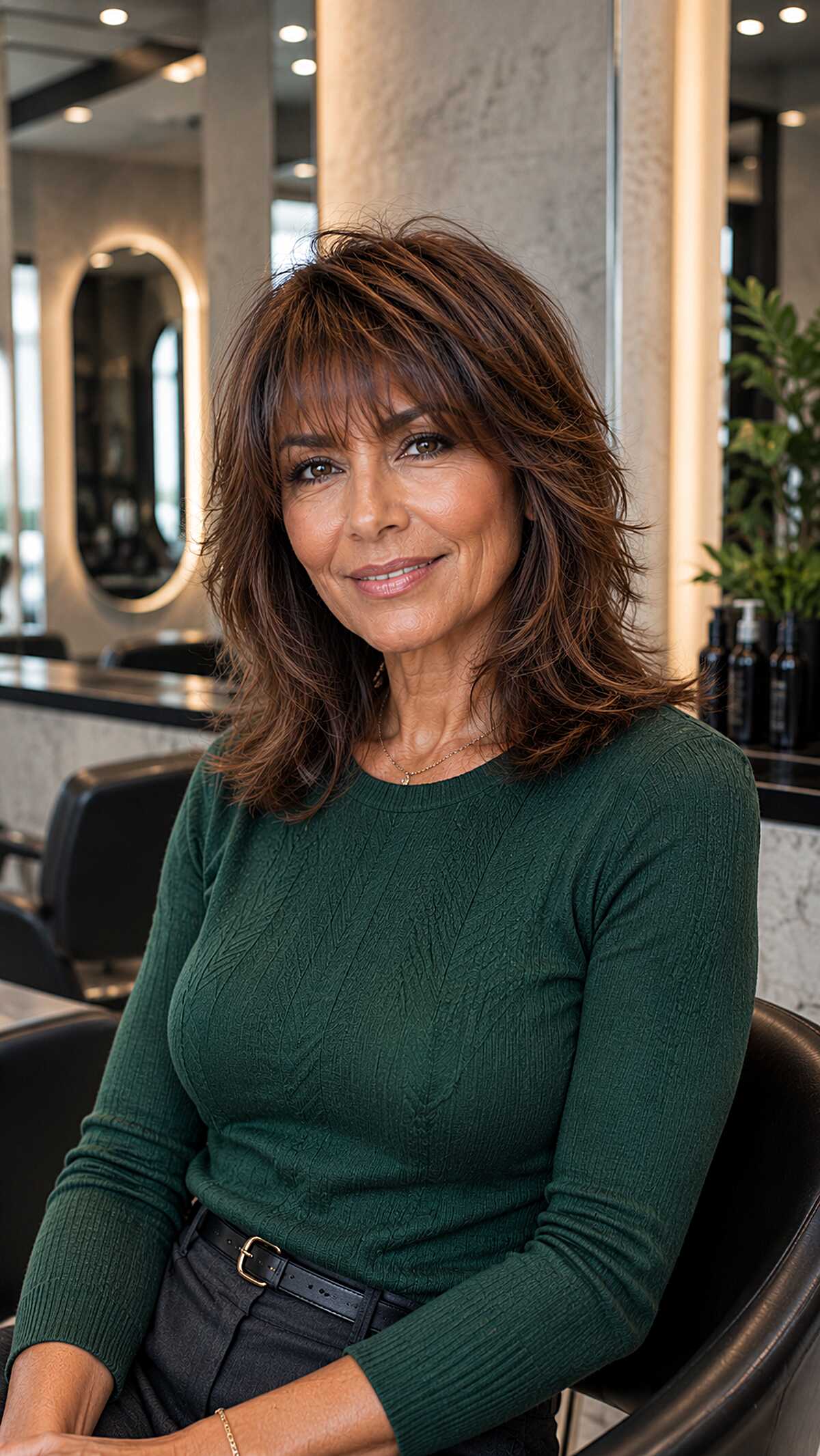 Warm brown medium layered shag with swoopy side fringe