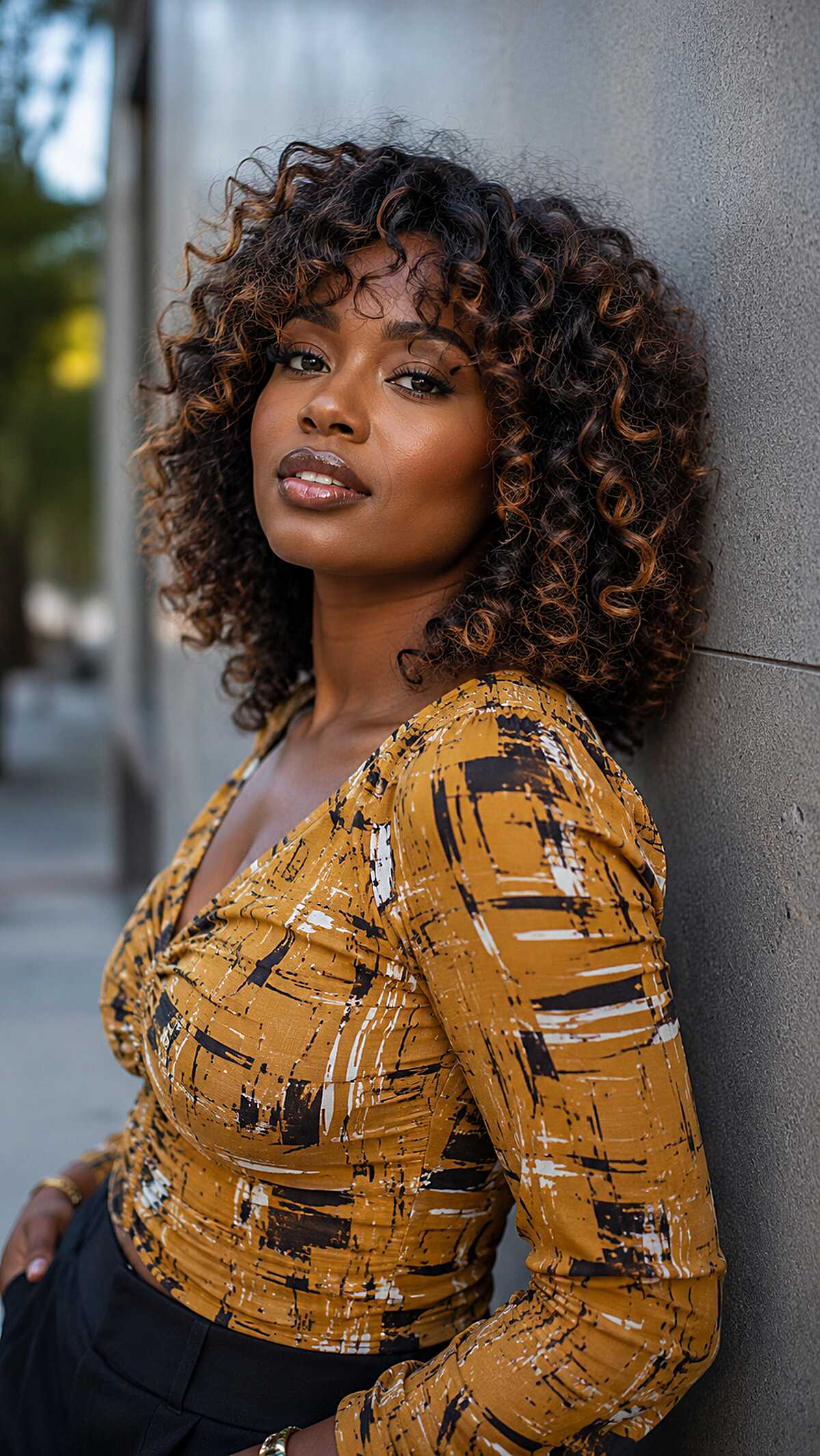 Warm copper curly medium shag with caramel highlights