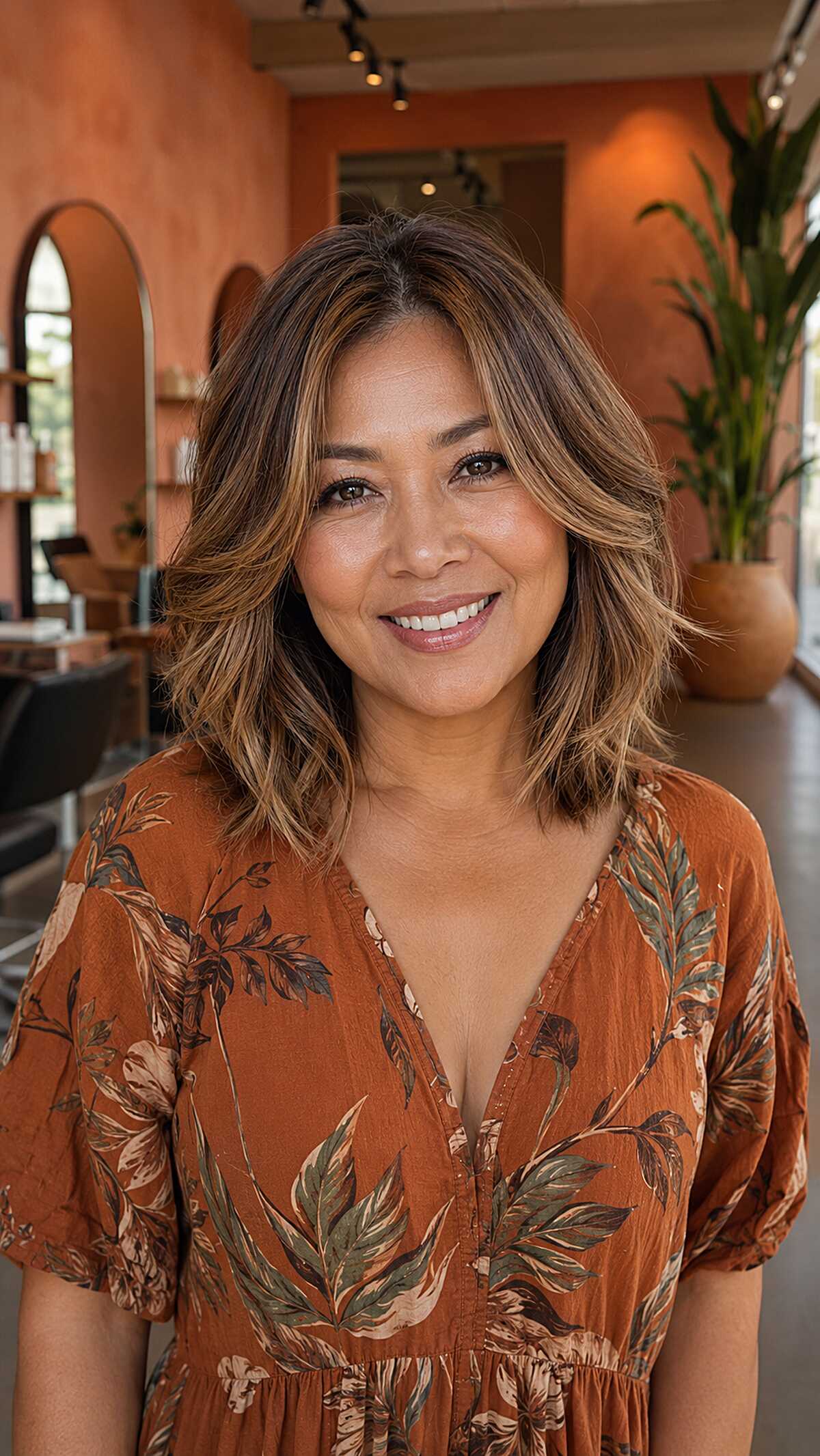 Tousled lob with warm bronze balayage on light brown hair
