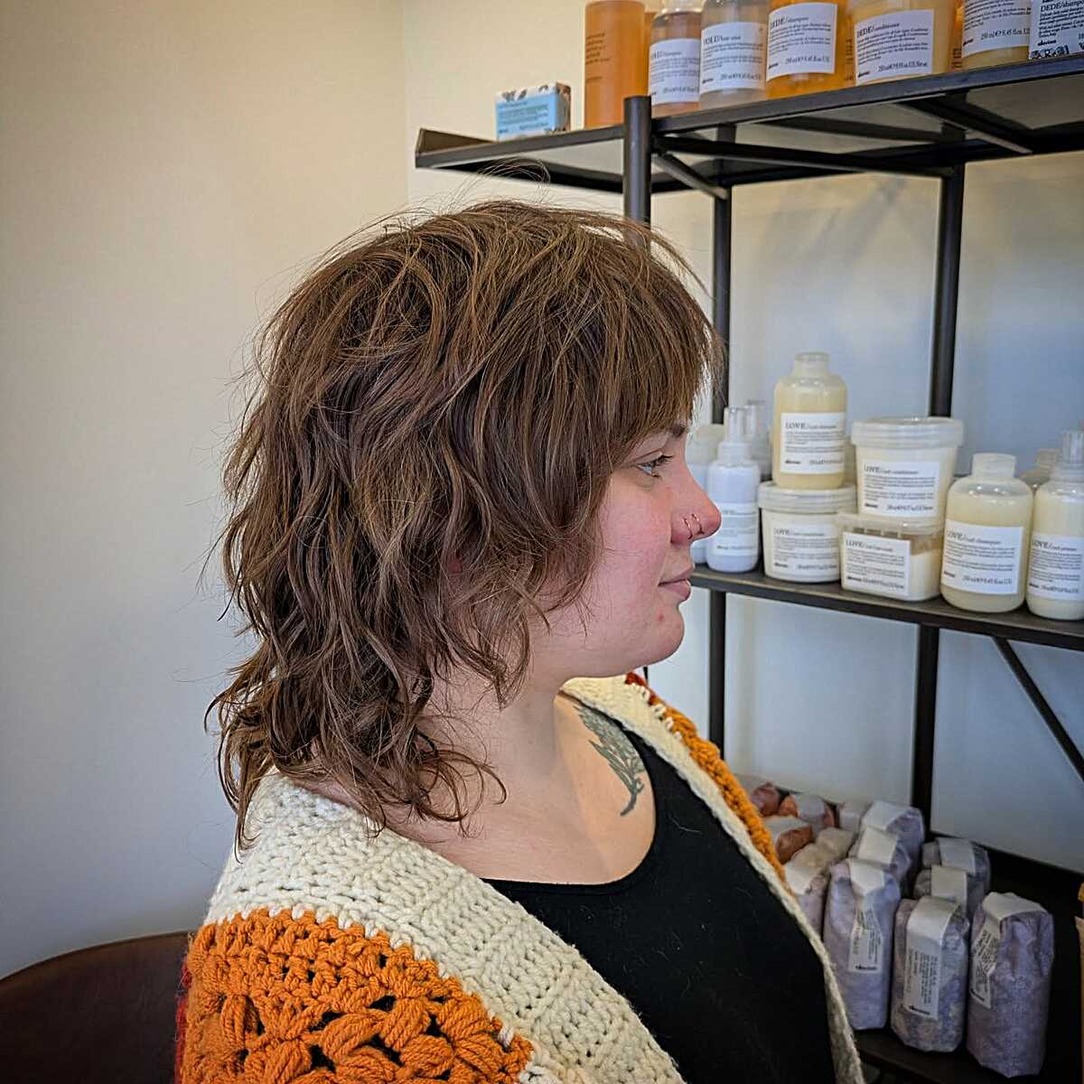 Wavy brown thick hair shag with textured layers