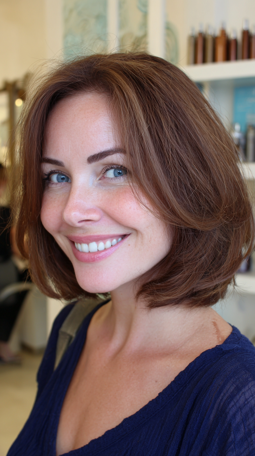 Auburn brown bob with soft volume and bounce