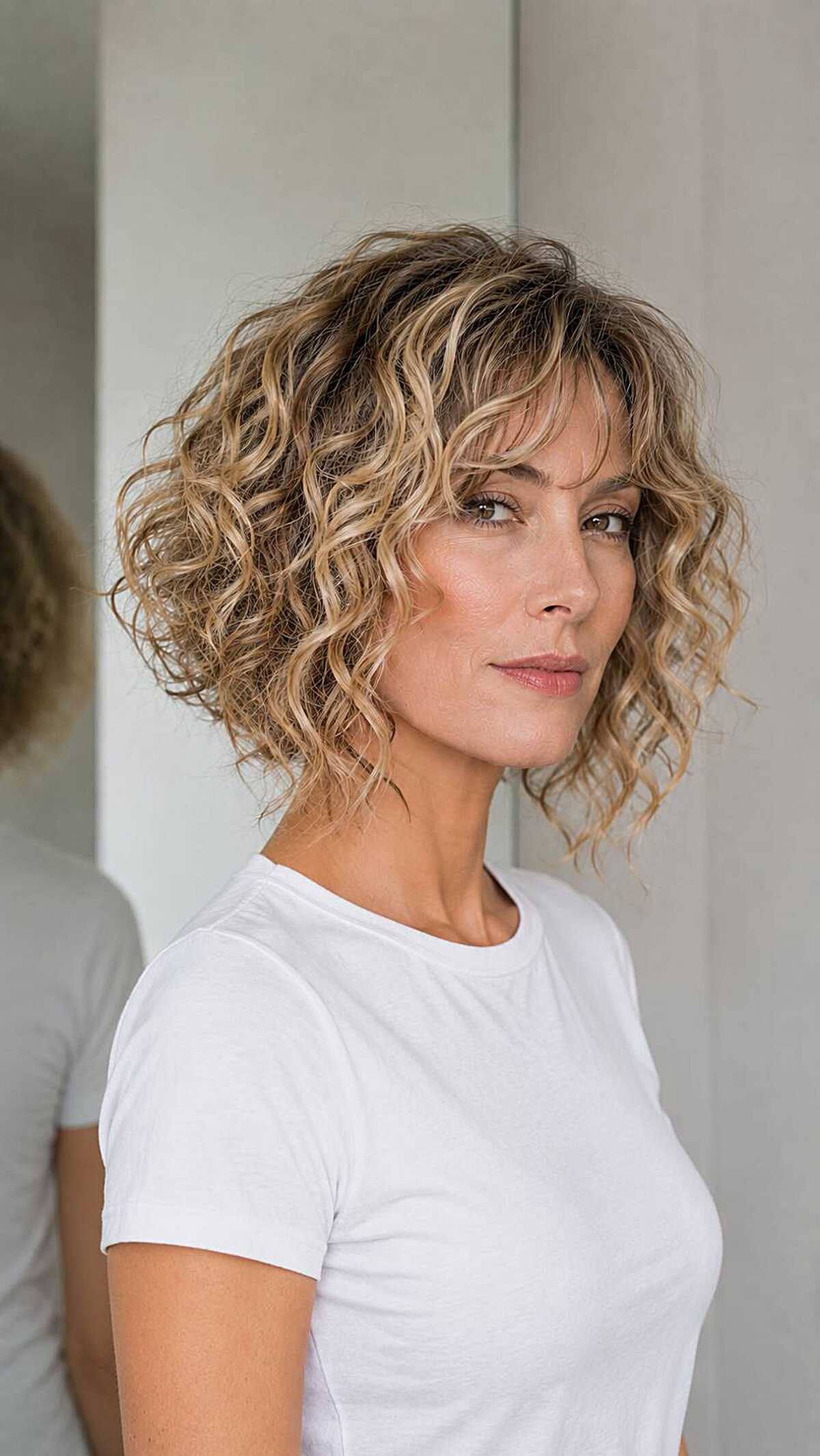 Blonde curly bob with dark shadow root and bangs