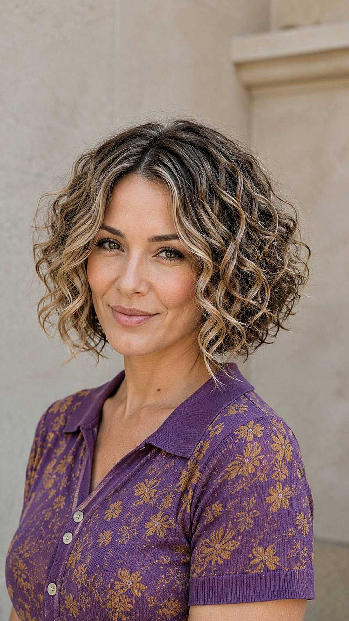 Brunette curly inverted bob with bold blonde money pieces
