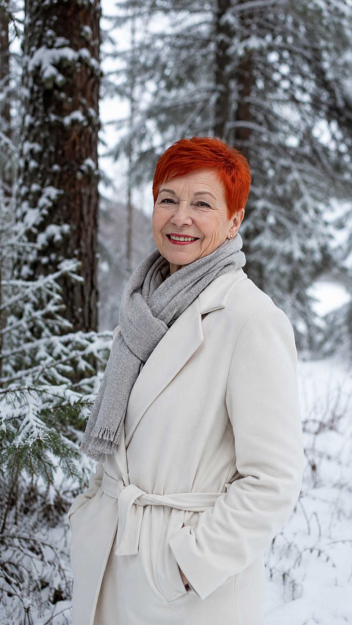 Bright True Red Pixie Cut in Snowy Winter Setting