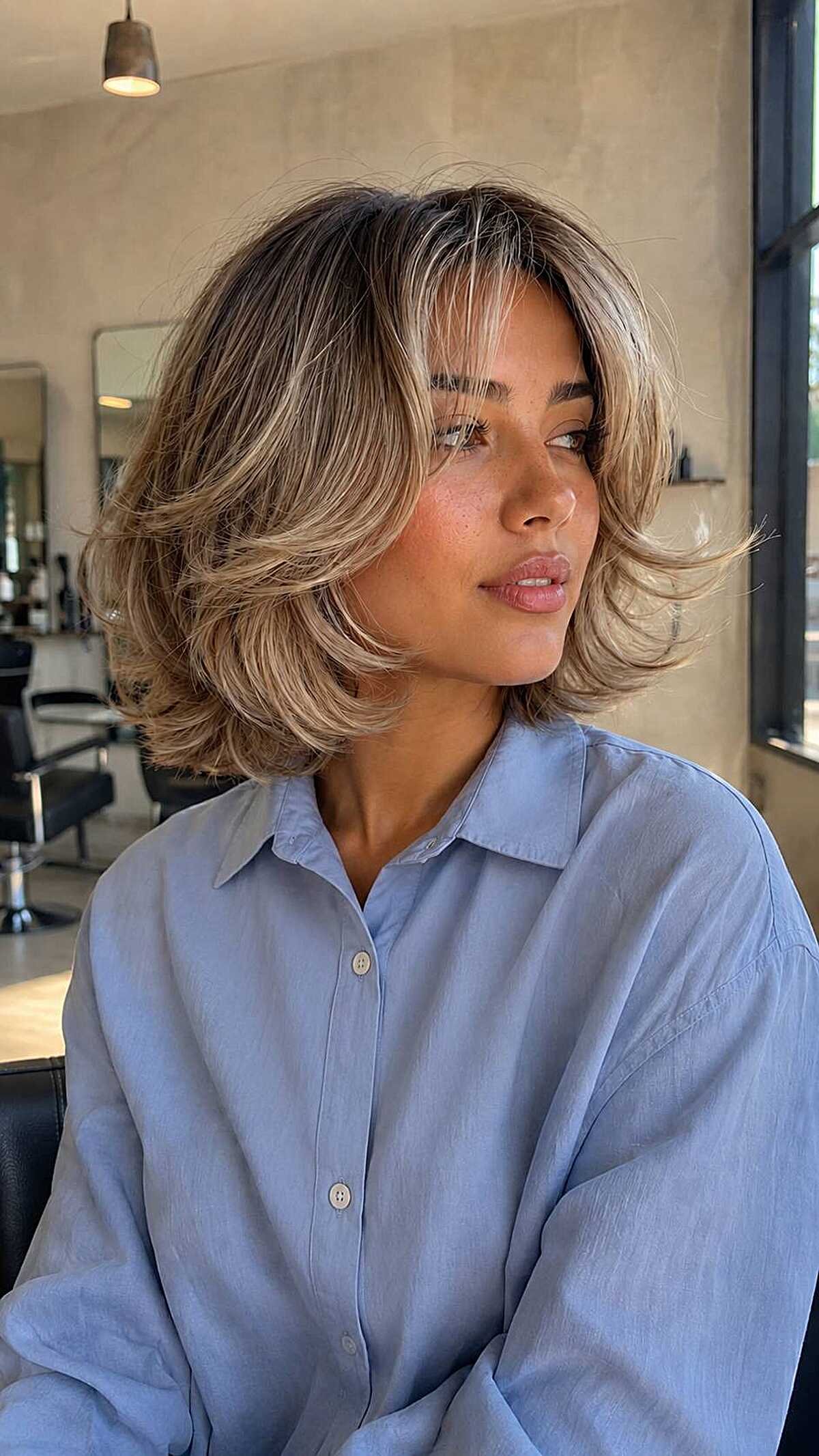 Voluminous bronde cloud bob with dark roots and waves