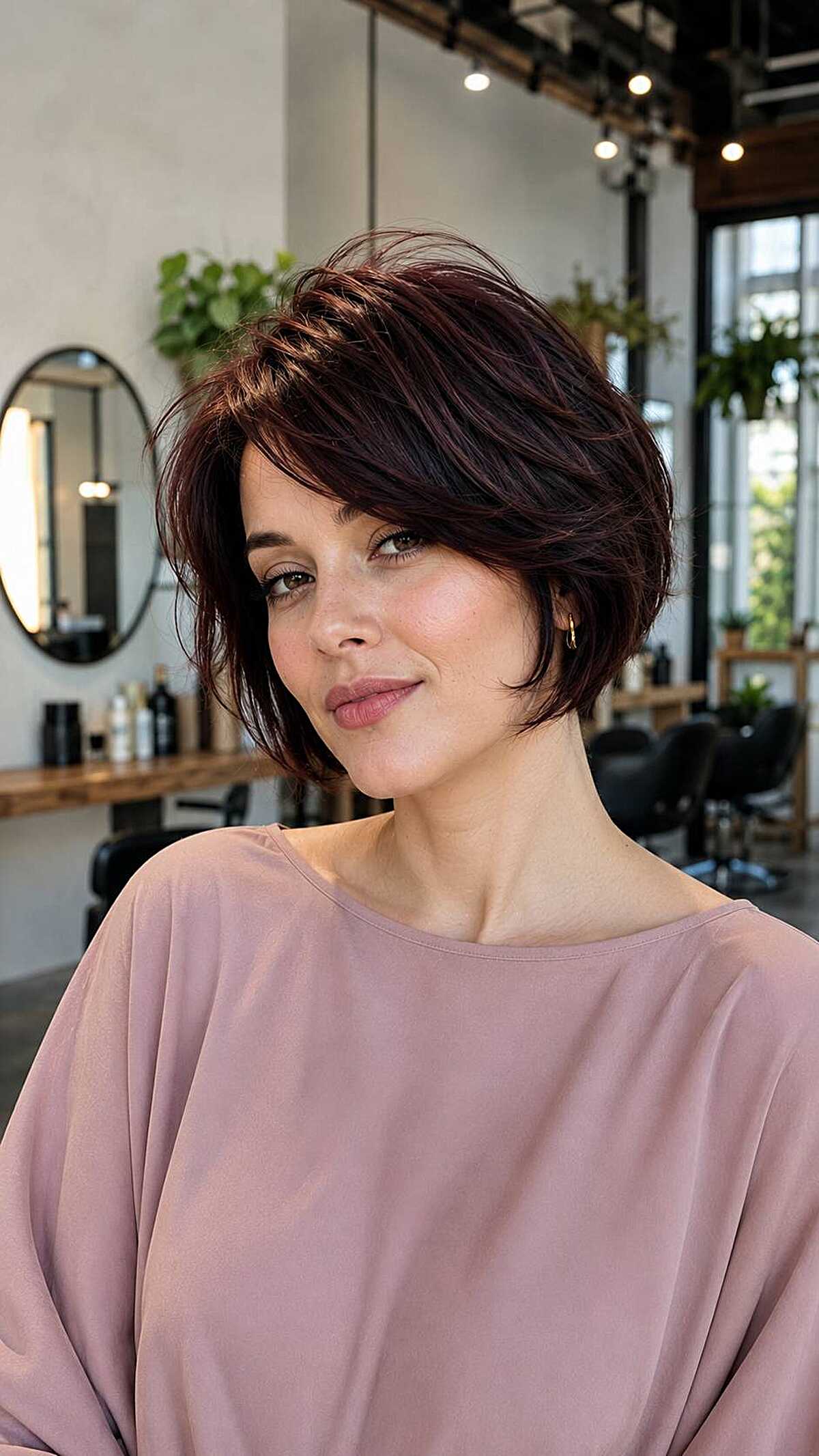 Short burgundy cloud cut with textured layers and bangs