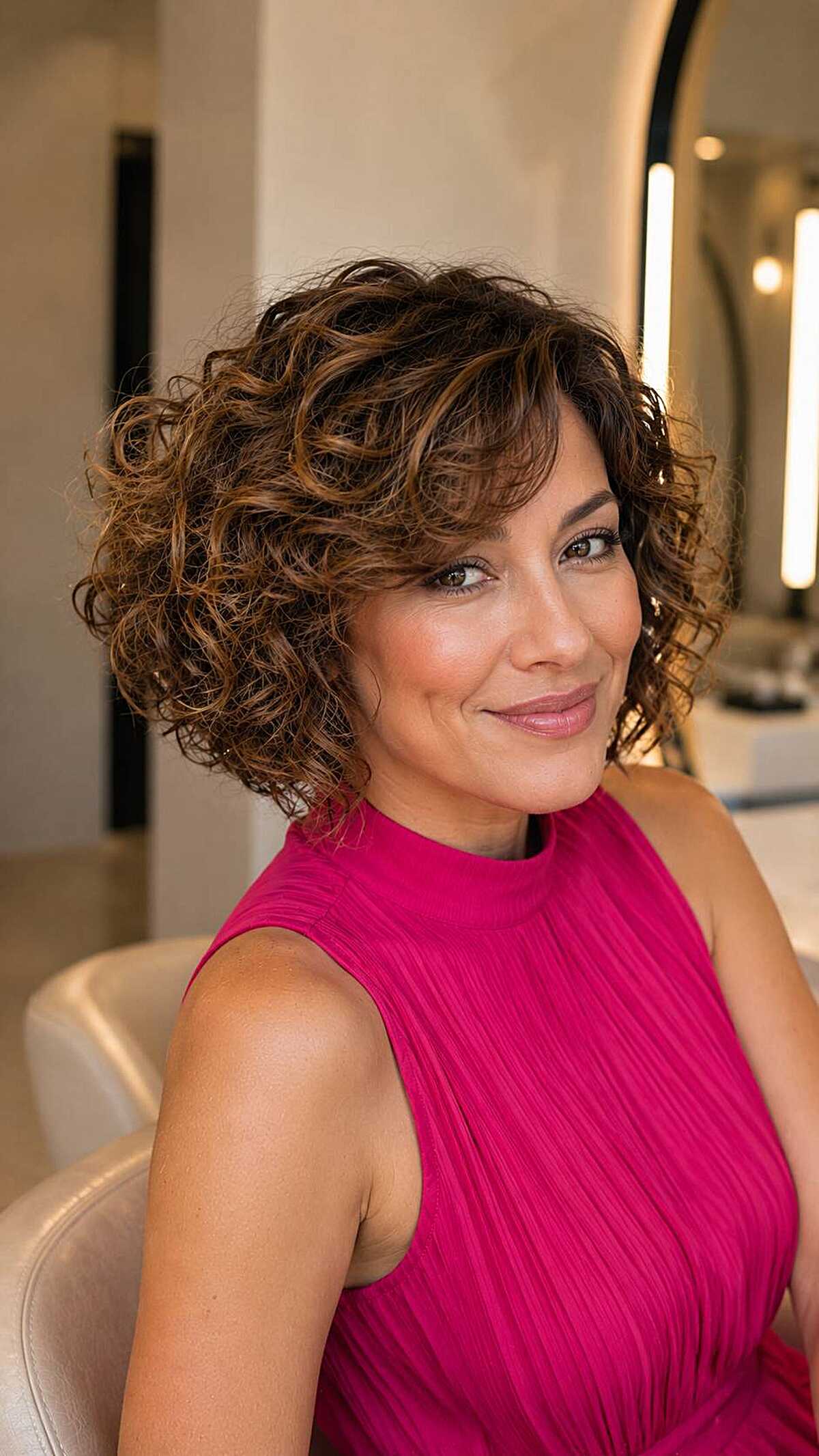 Brown curly inverted bob with golden caramel highlights