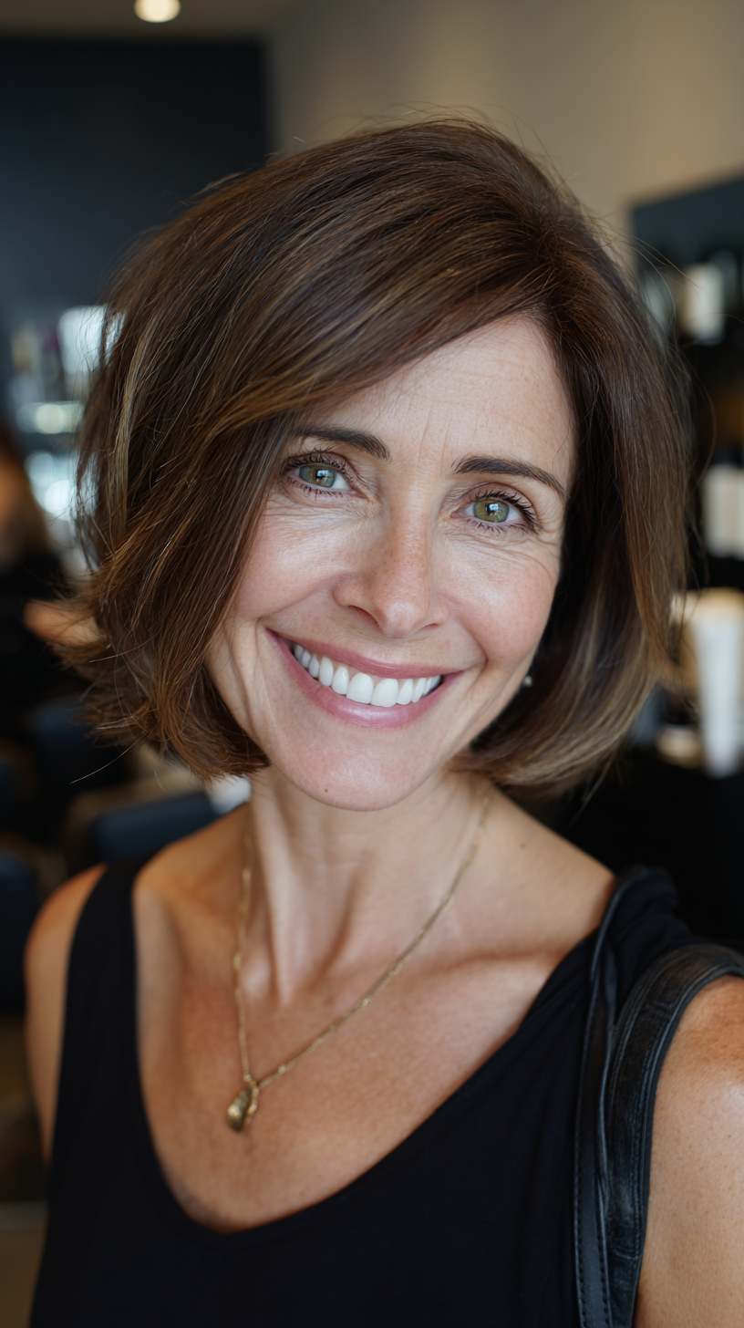 Chin-length brunette bob with side-swept layers