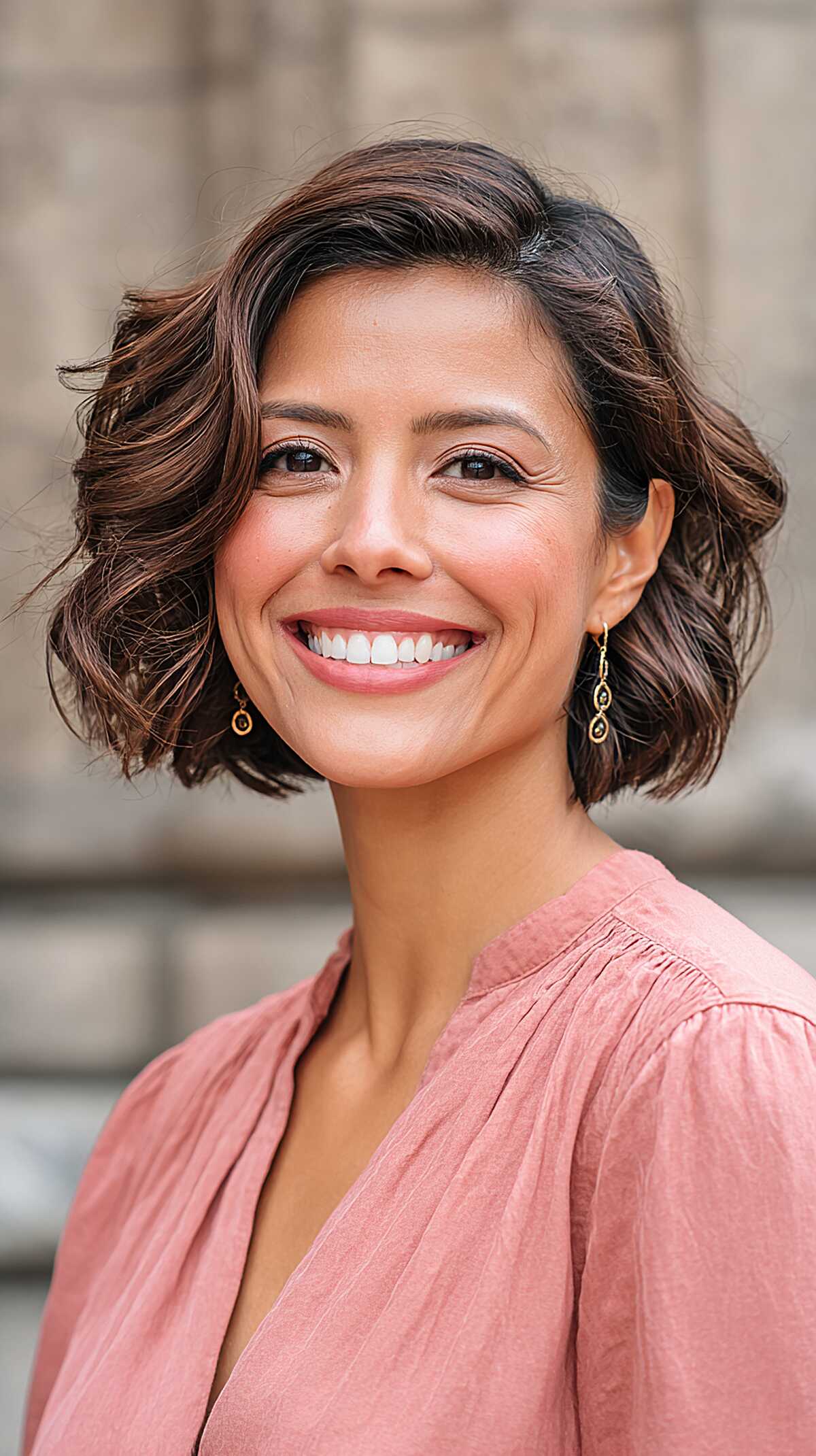 Chocolate wavy bob with side-swept fringe