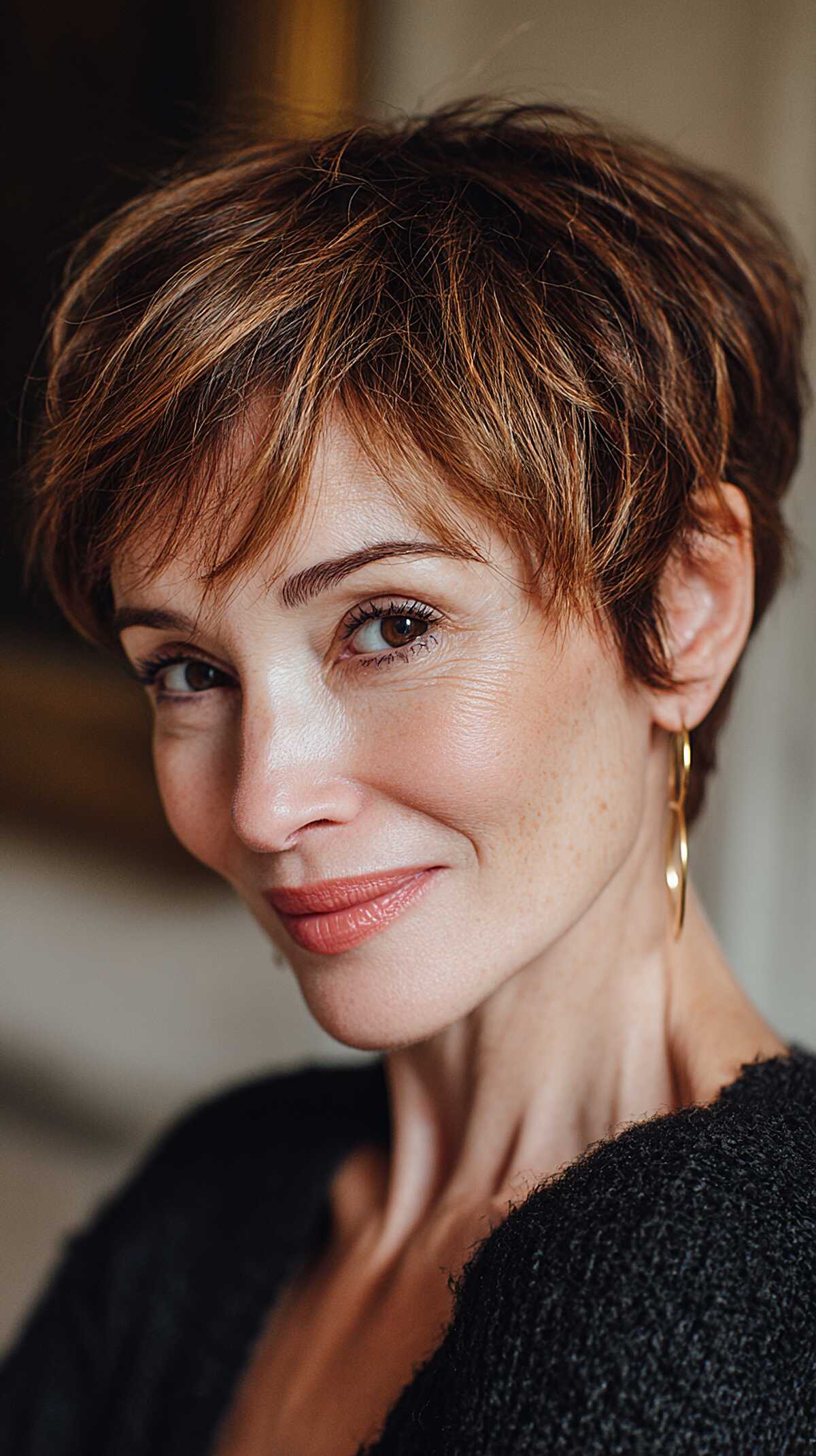 Copper-kissed textured pixie with wispy fringe