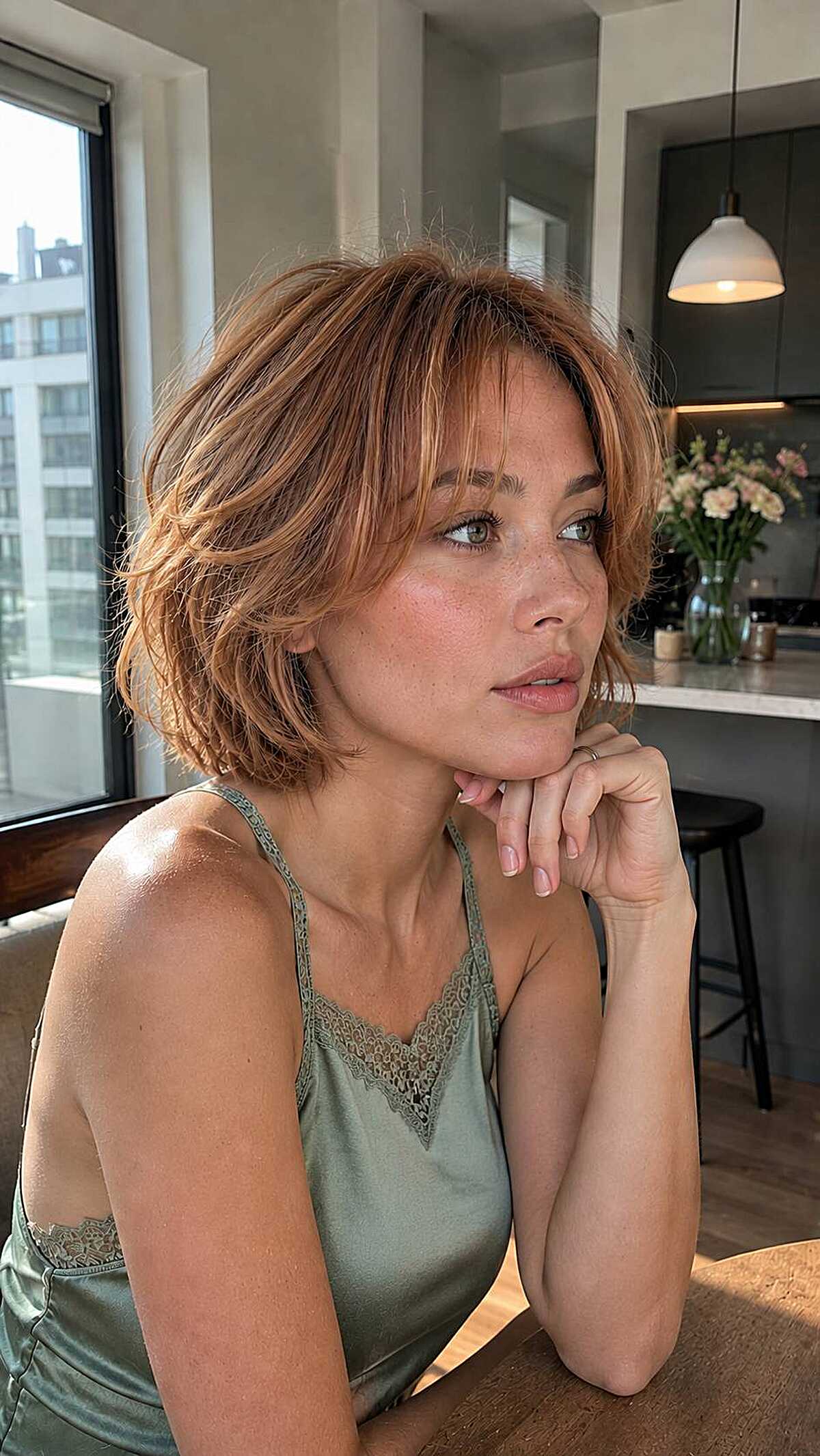 Short copper cloud bob with soft waves and bangs
