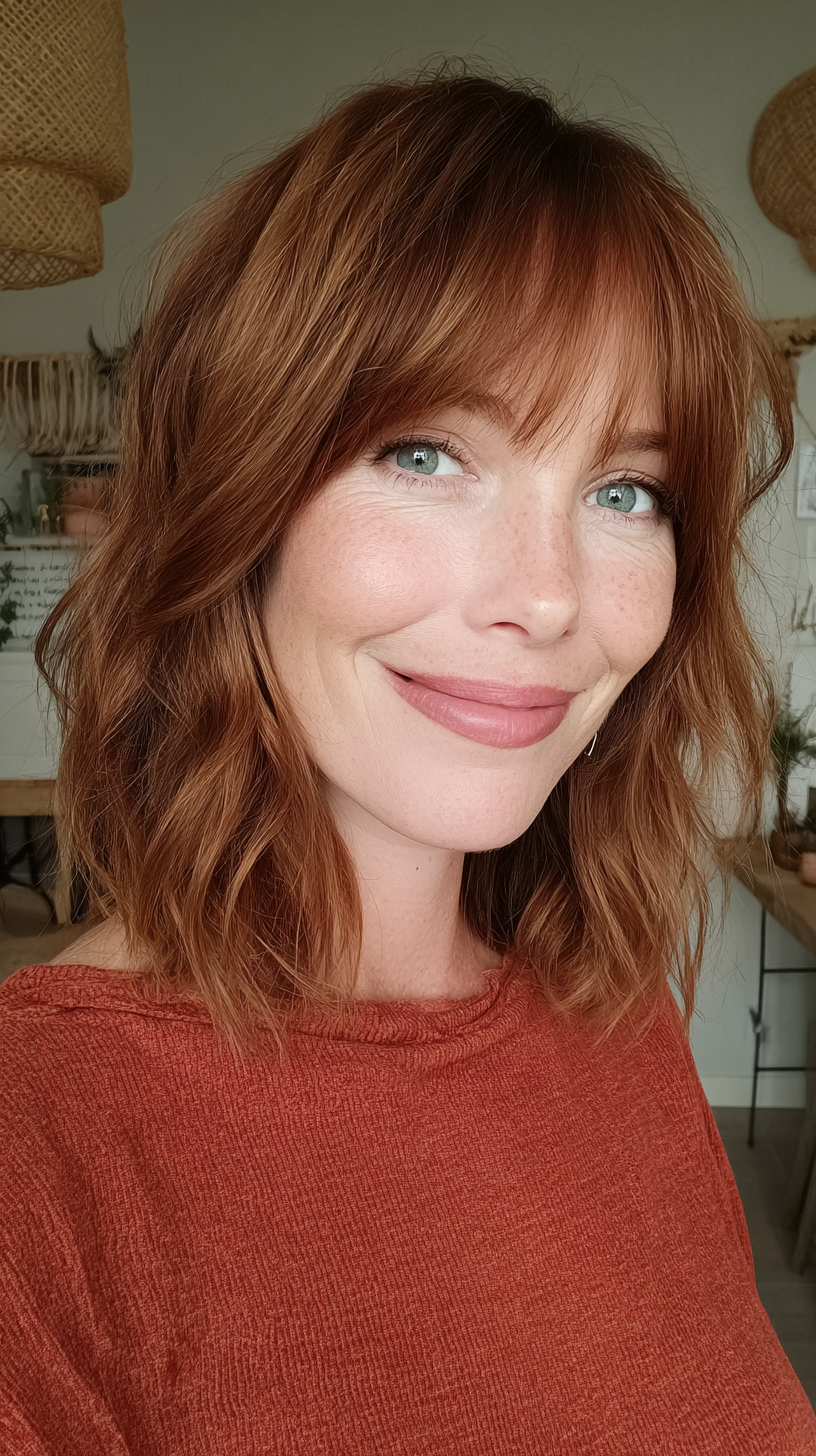 Copper red shoulder-length shag with curtain bangs