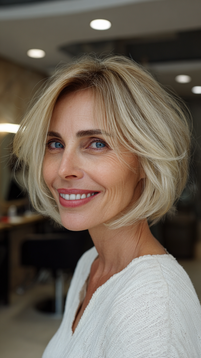 Creamy blonde chin-length bob with soft movement