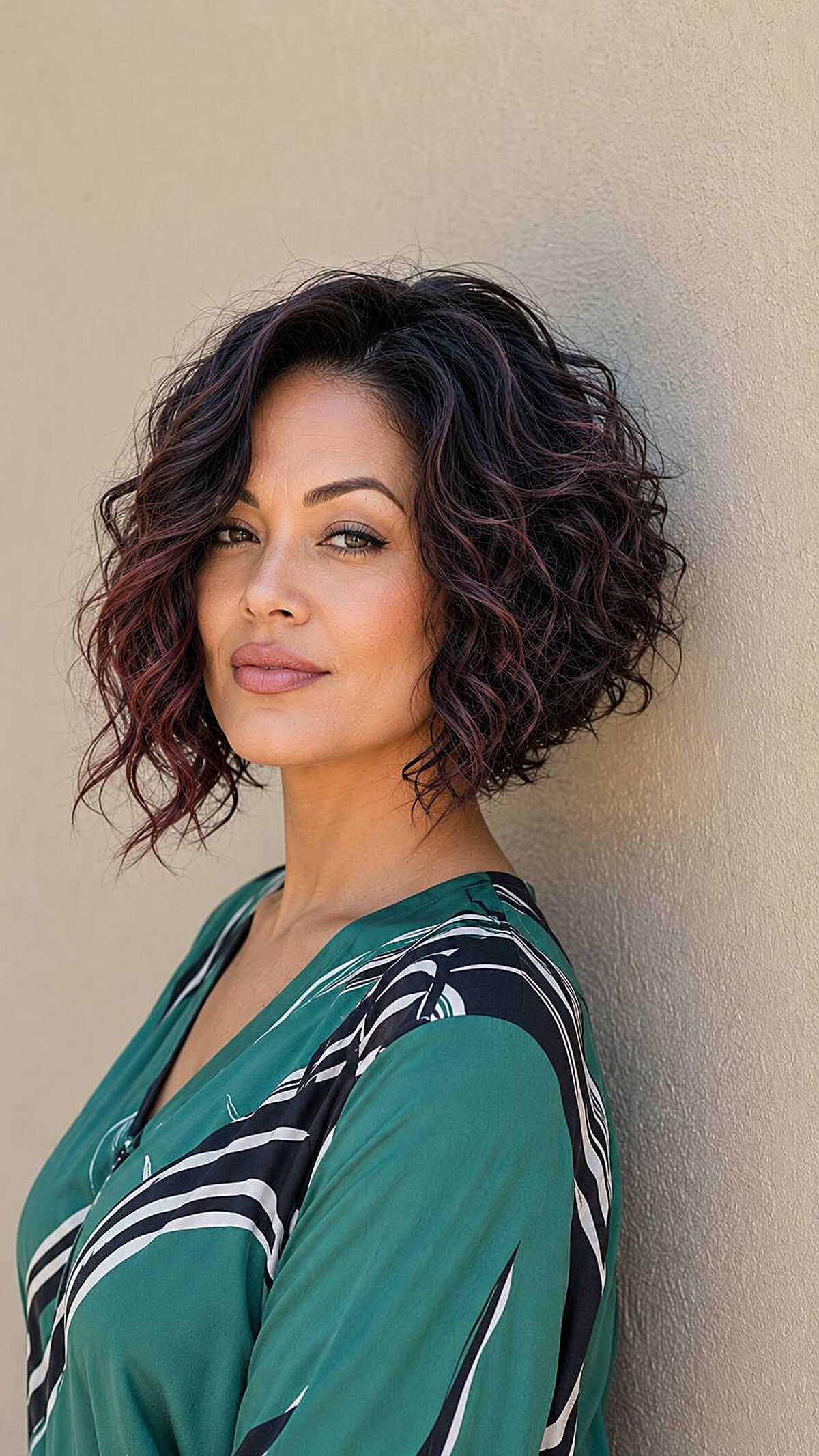 Dark curly bob with subtle berry plum undertones
