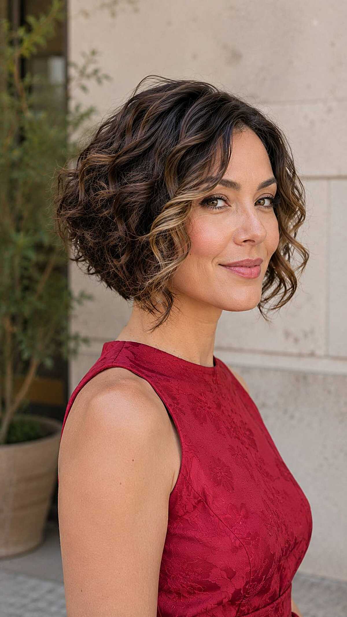 Short dark brunette curly inverted bob
